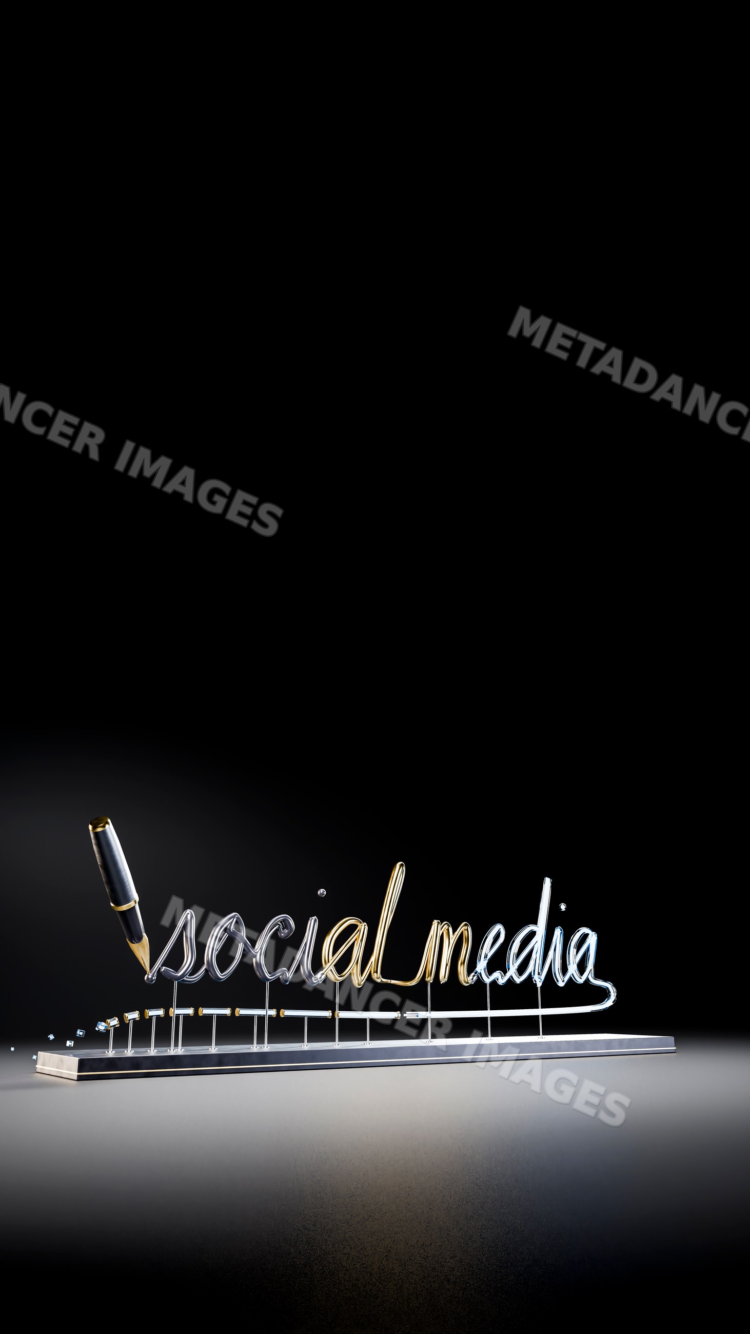 Metallic script spelling 'social media' with ink pen drops