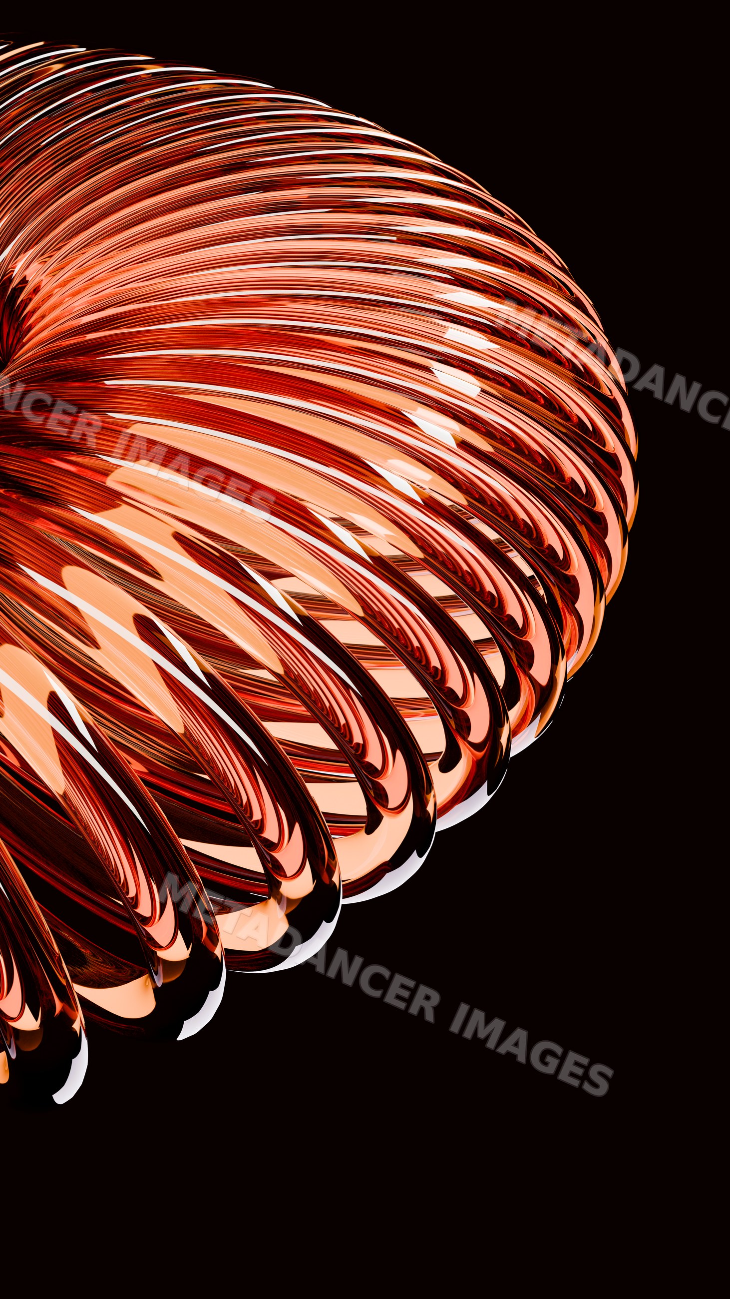 Close-up of a shiny copper coil spring with reflective spiral surface