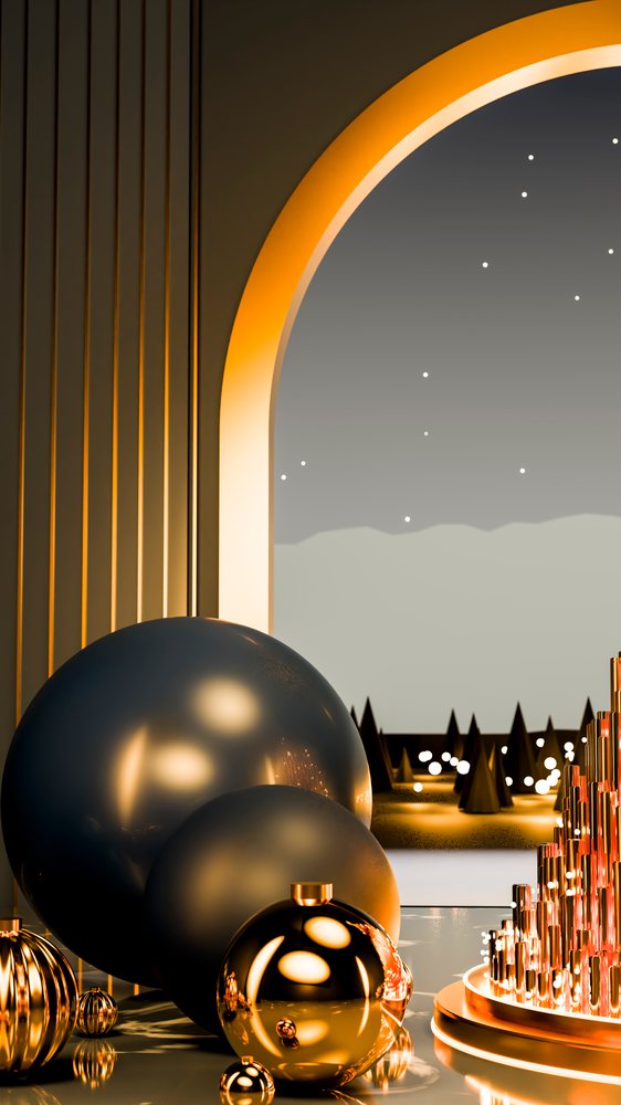 Decorative metallic spheres illuminated
