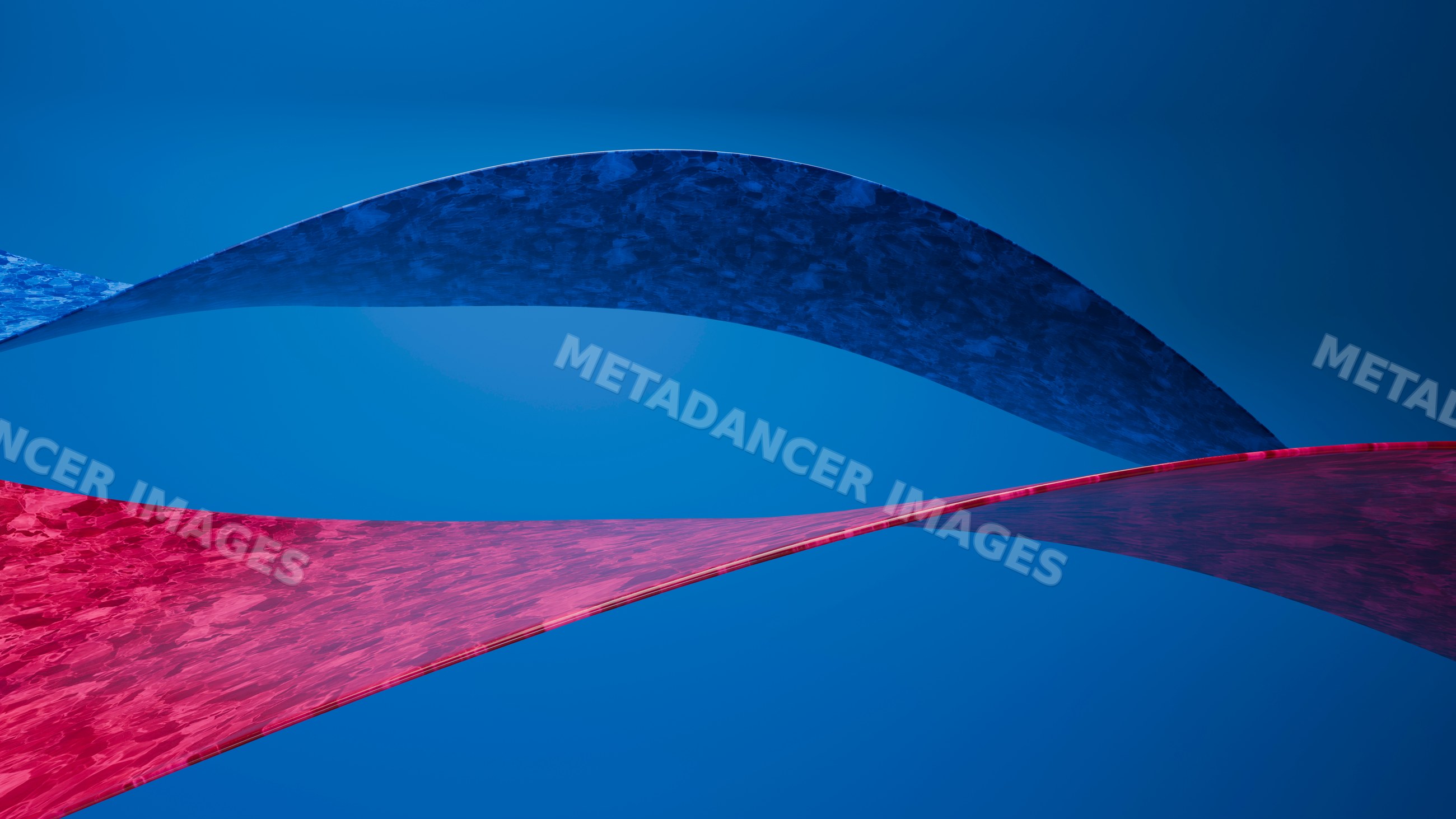 Abstract outdoor sculpture with blue and red curved shapes