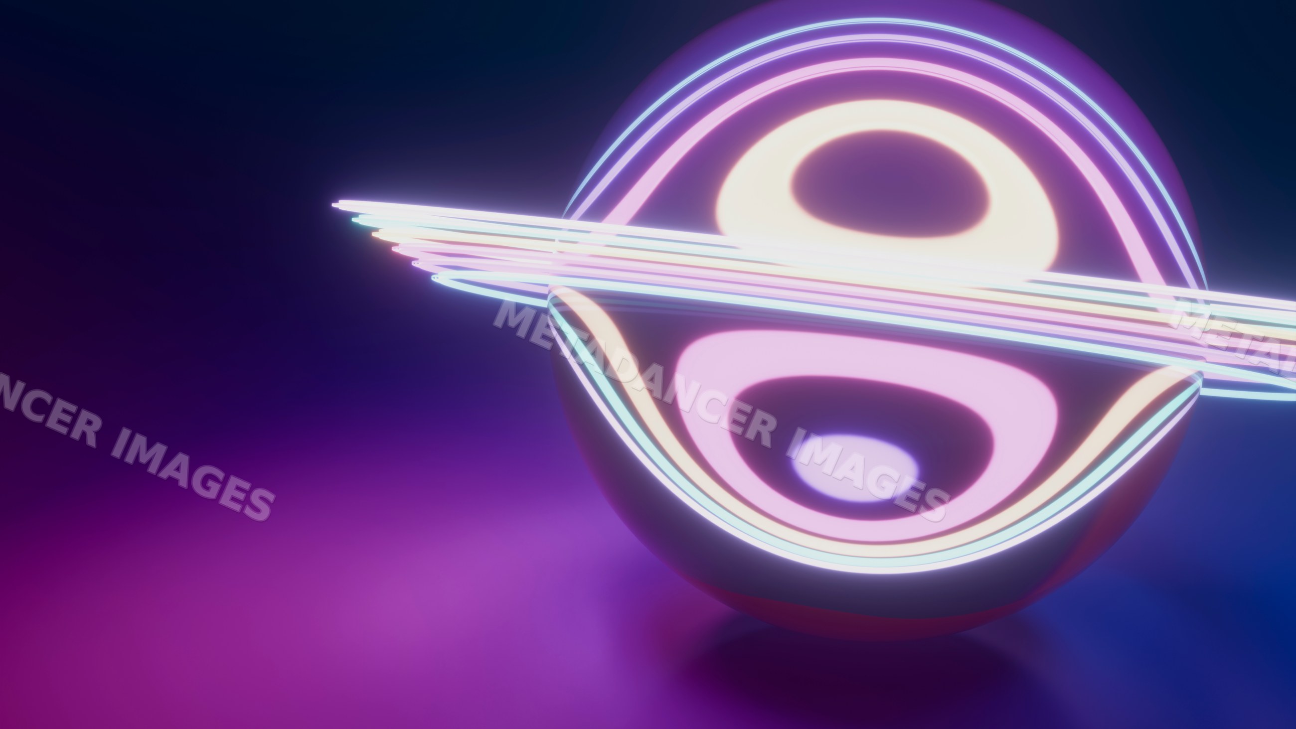 Abstract digital illustration of glowing sphere with neon rings
