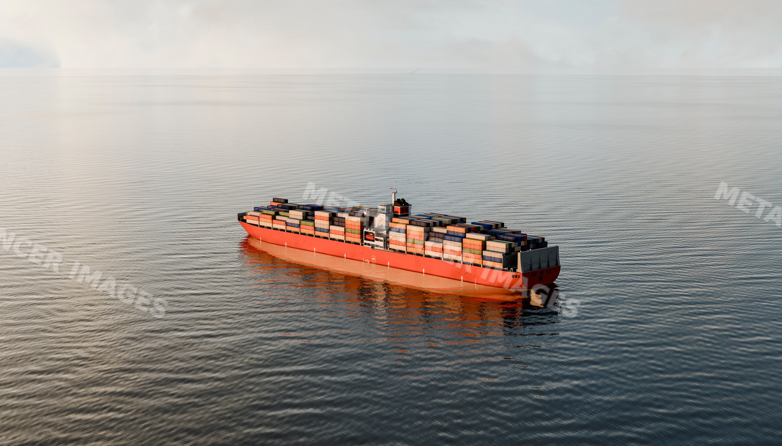 A large container cargo ship sails across calm ocean waters