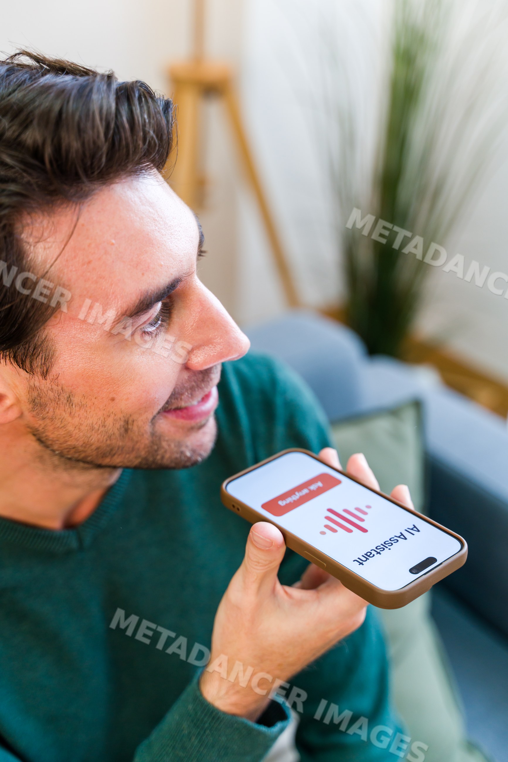 White man using ai assistant voice command app on smartphone