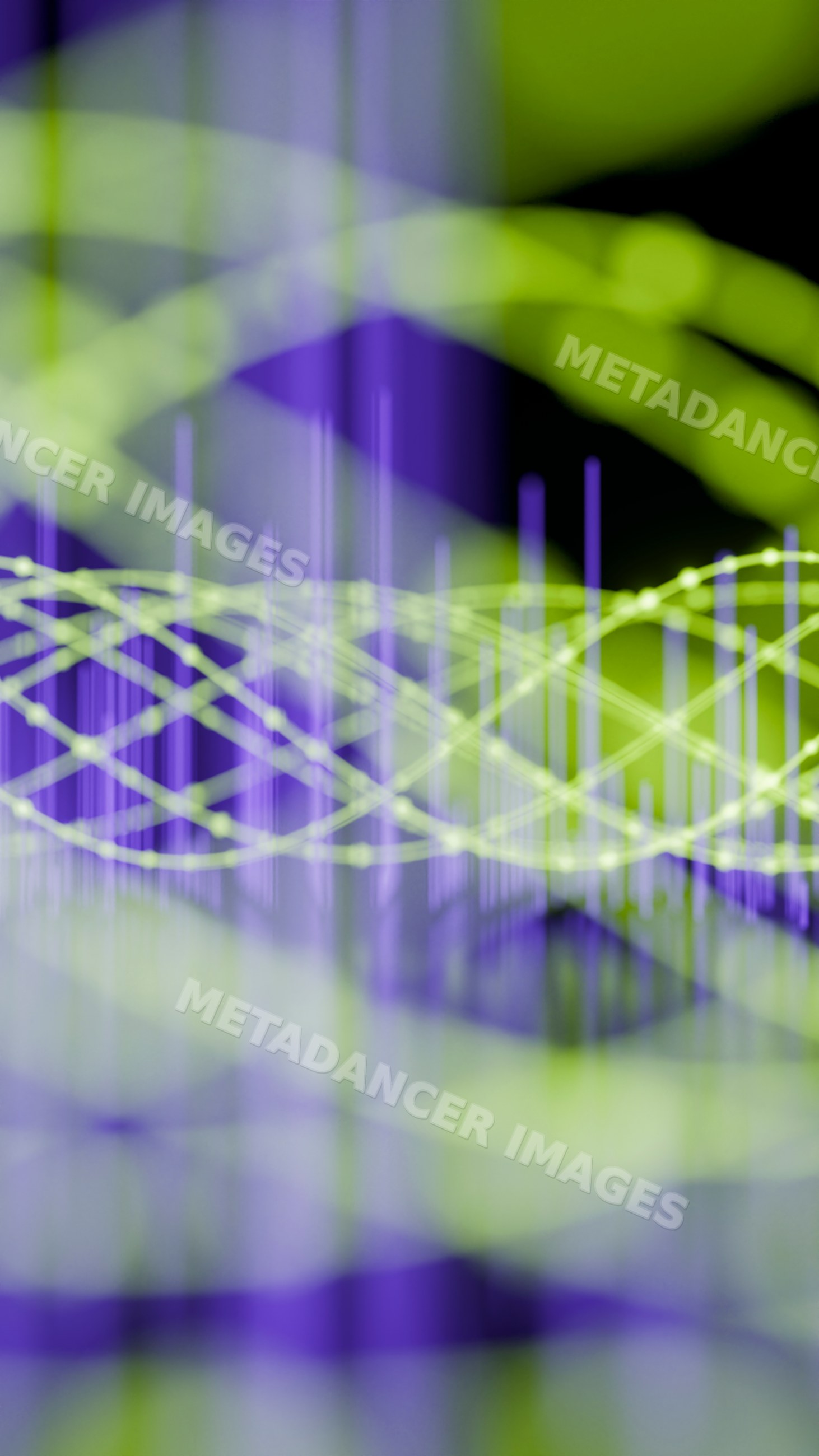 Abstract digital wave with green and purple curved lines