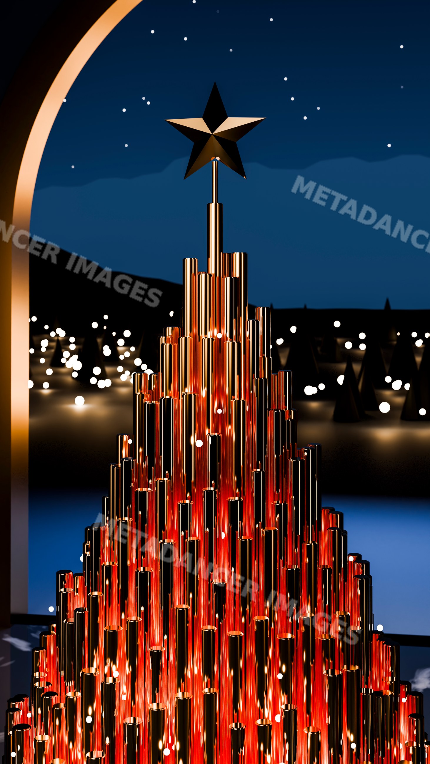 Metallic christmas tree with star topper in night holiday scene
