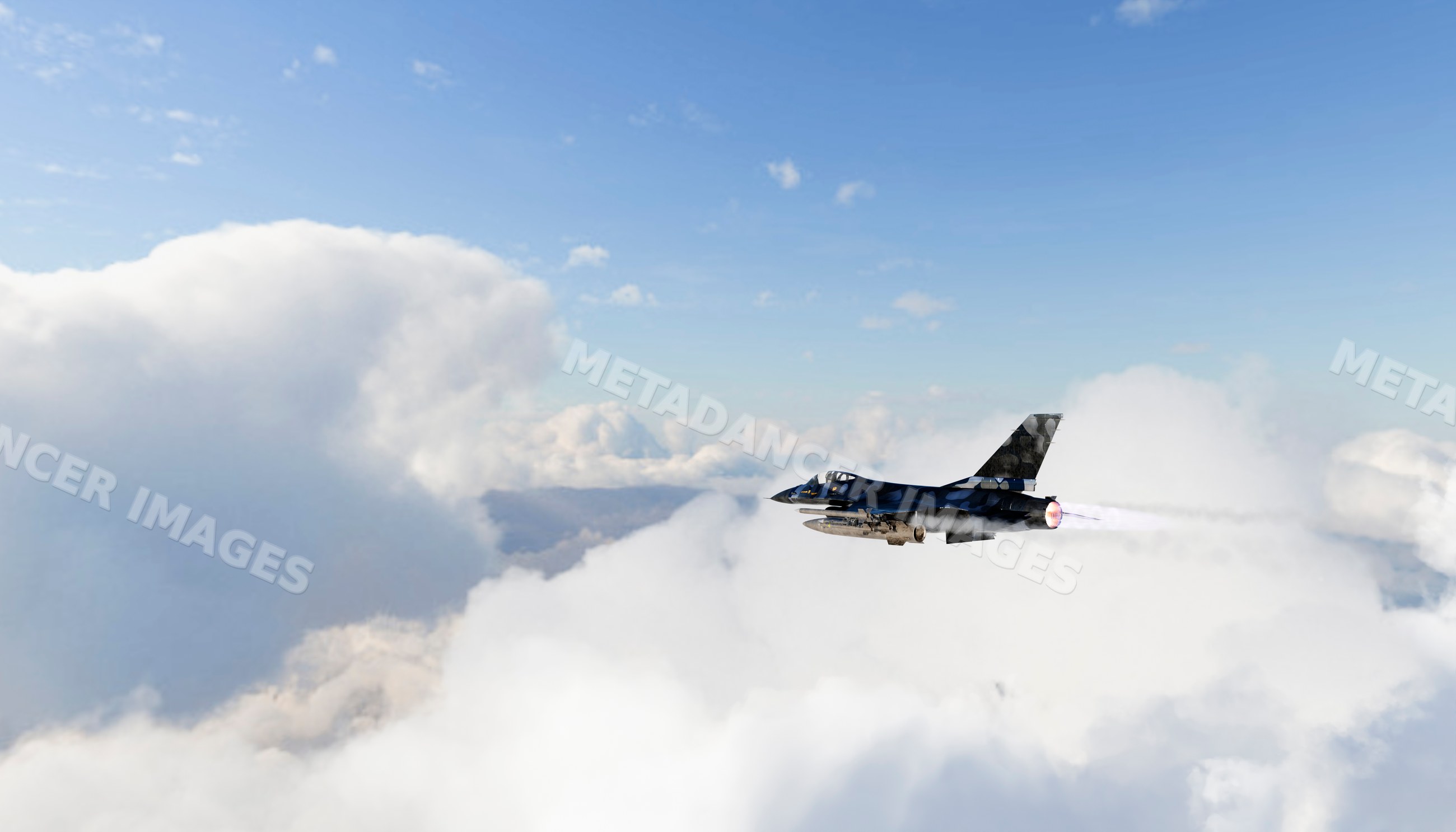 A military fighter jet flying through clouds with afterburner blazing