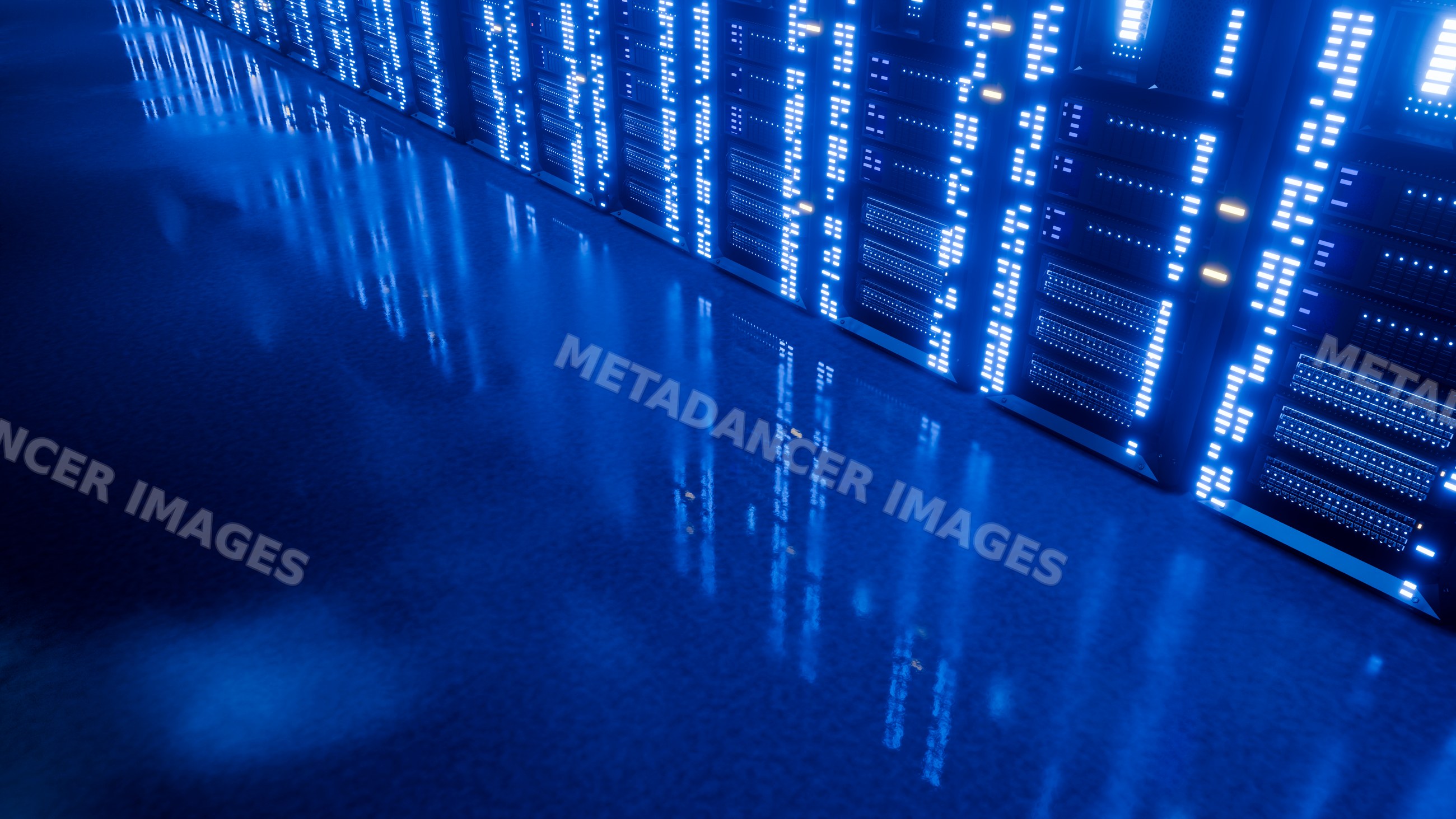 Server racks illuminated by blue lights in data center