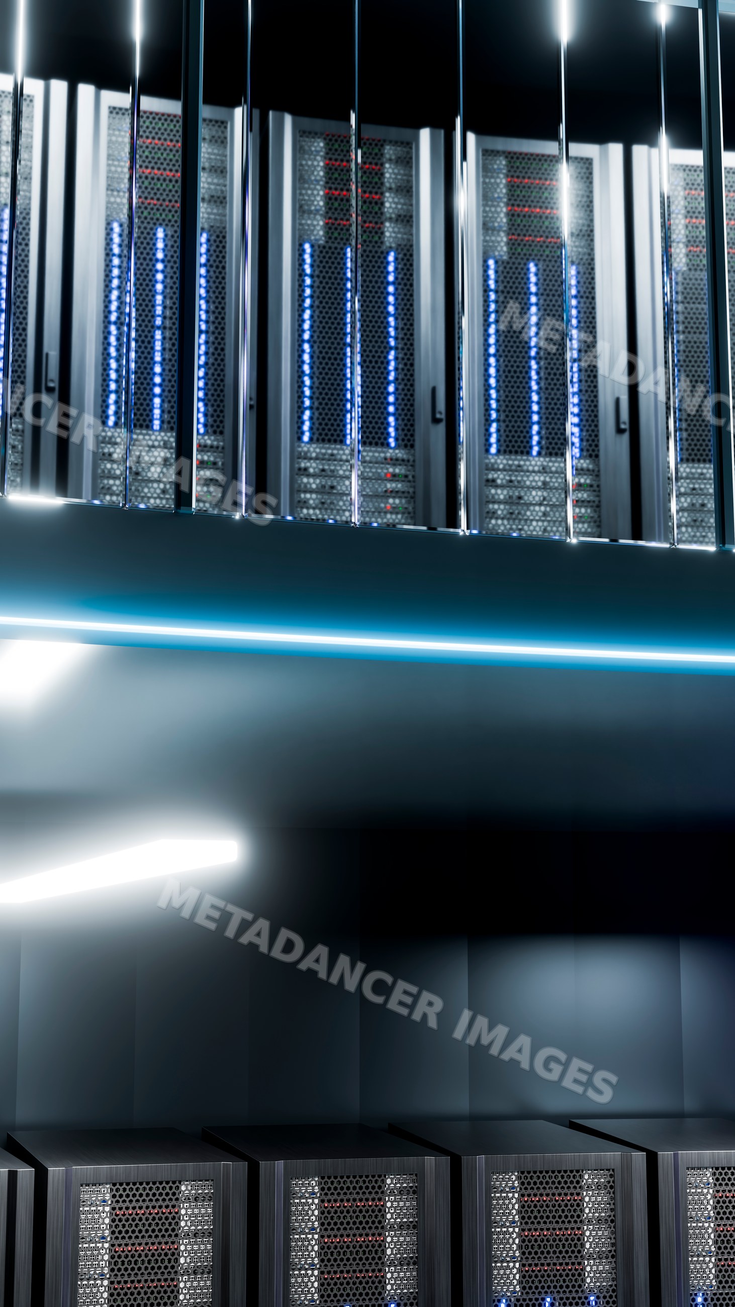 Modern datacenter room with server racks and network equipment
