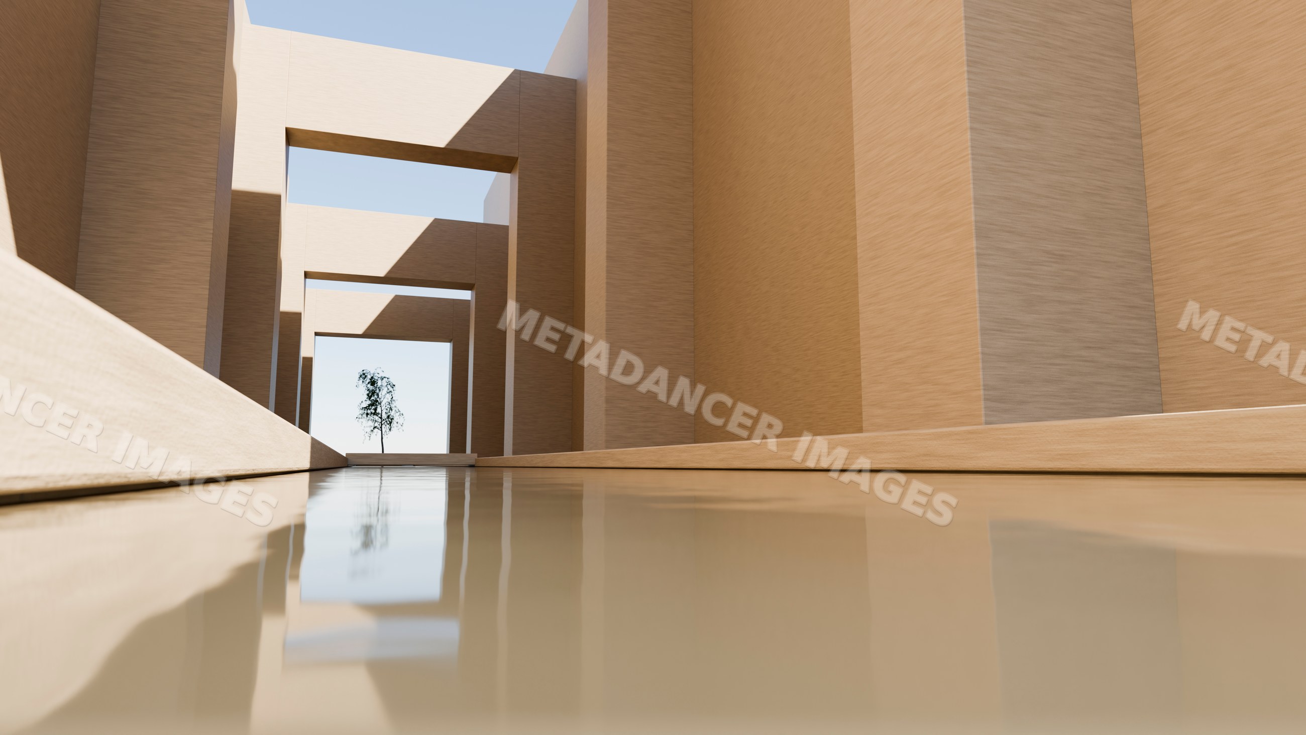 Modern architectural corridor with reflective water and solitary tree