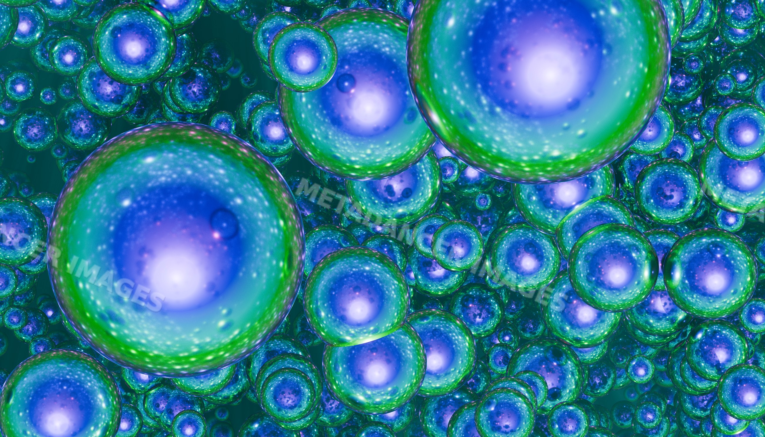 Blue and green glowing 3d spheres clustered in an abstract pattern
