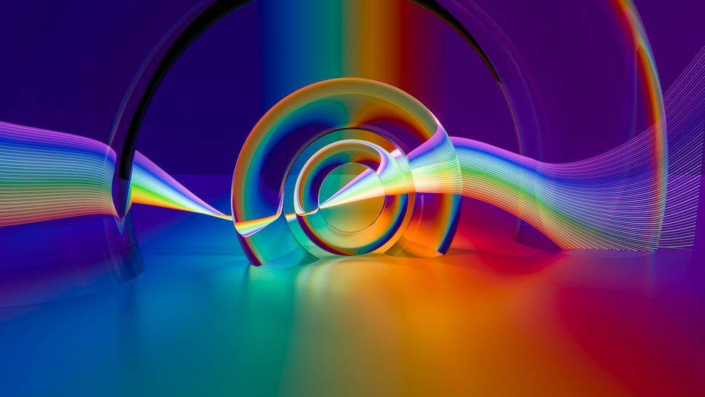 Abstract digital illustration of colorful rings with flowing rainbow