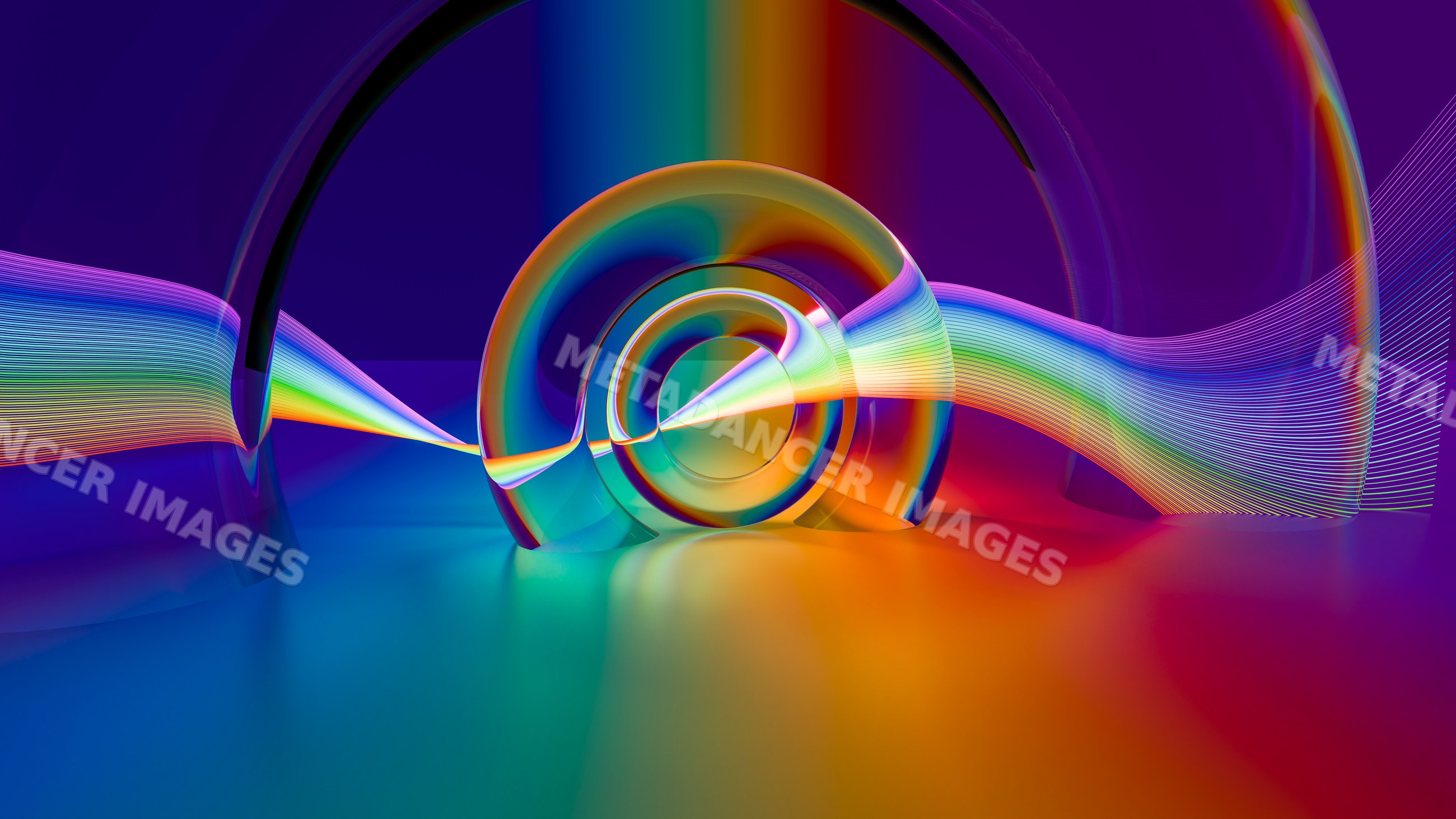 Abstract digital illustration of colorful rings with flowing rainbow