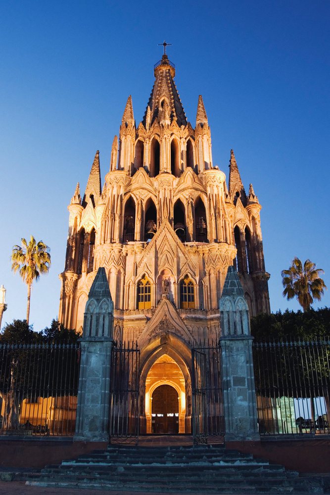 La parroquia church illuminated at sunset, mexico
