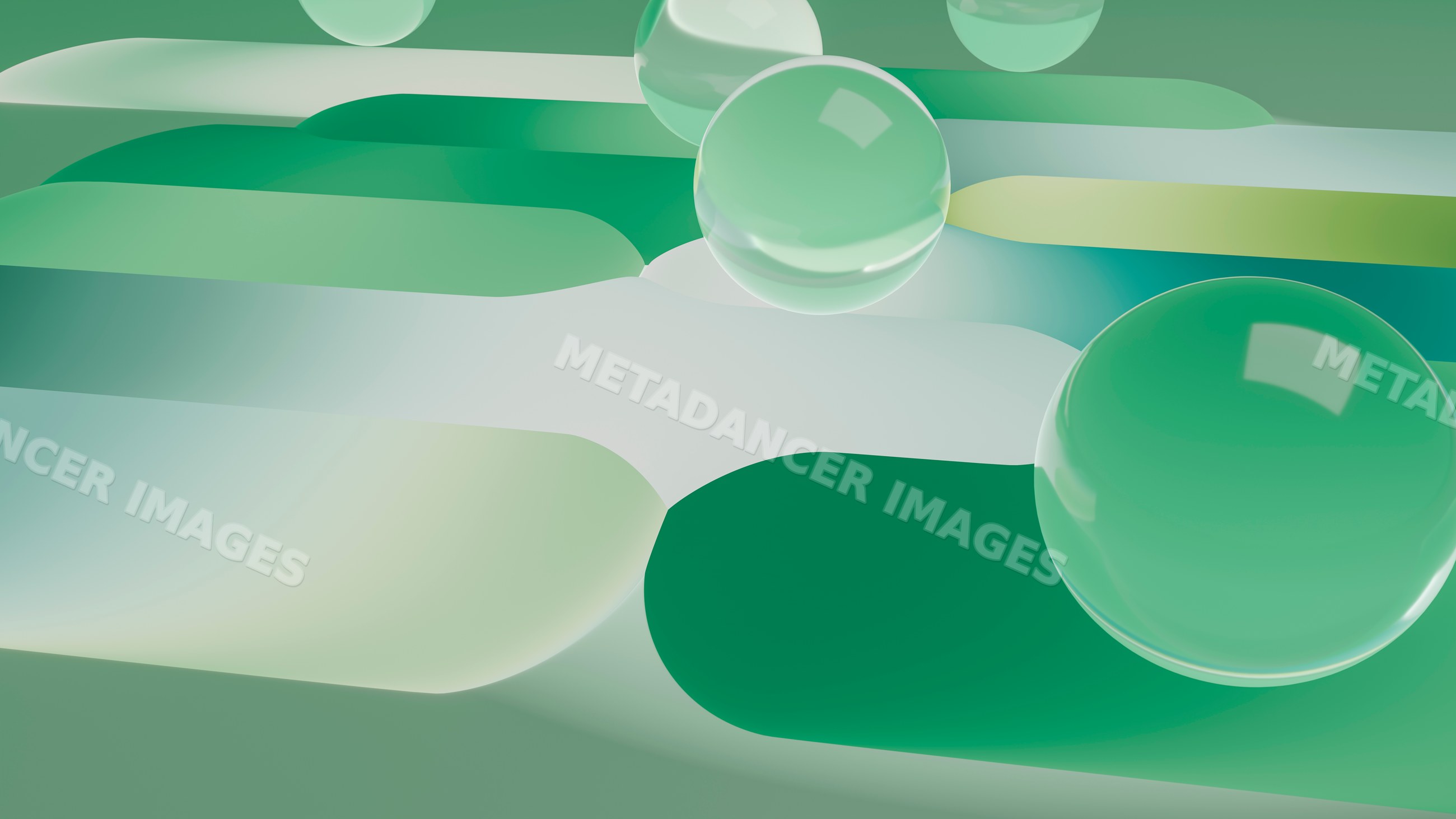 Abstract green glass spheres floating over smooth geometric shapes