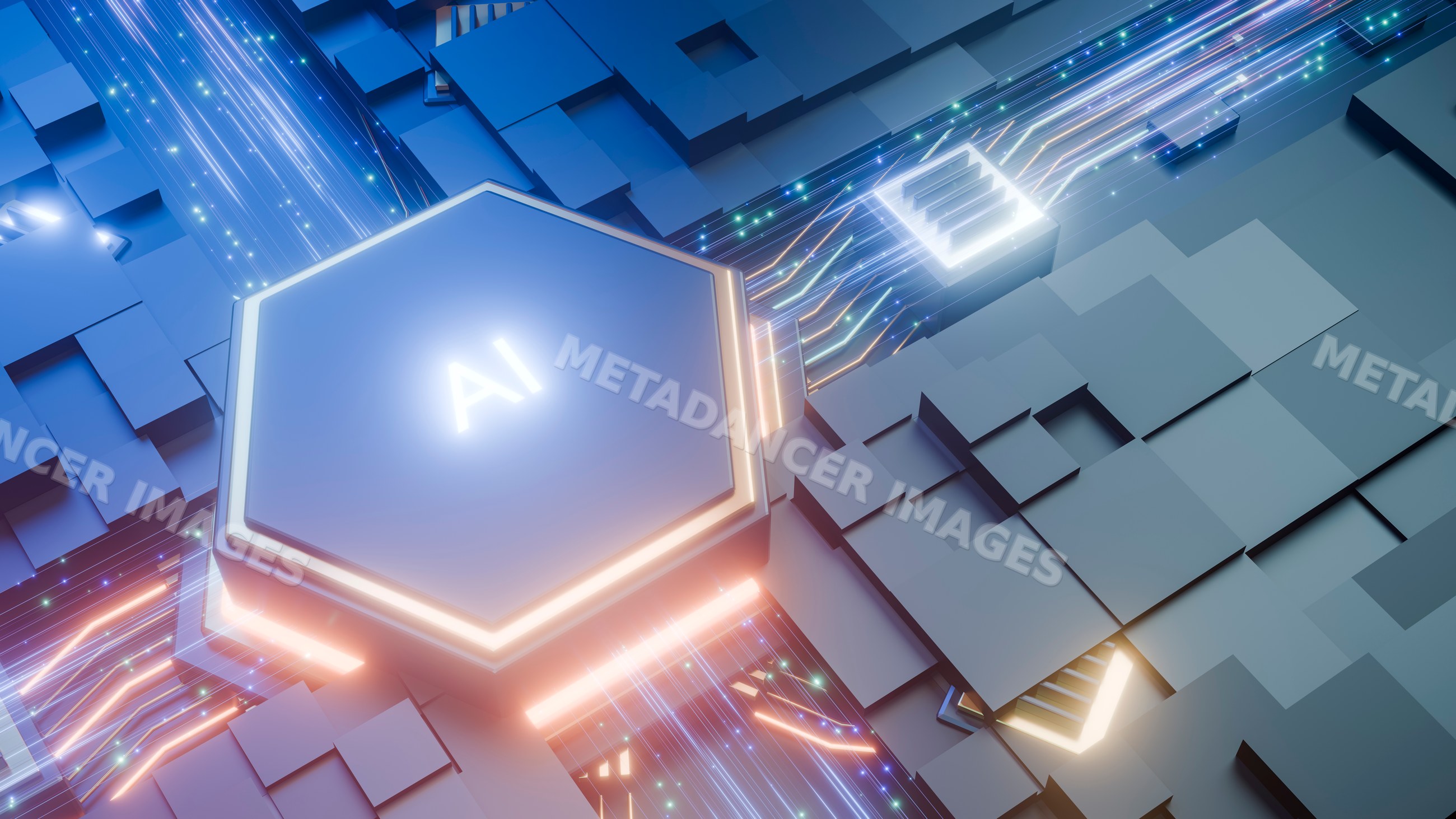 Ai microchip with glowing digital circuits and data flow