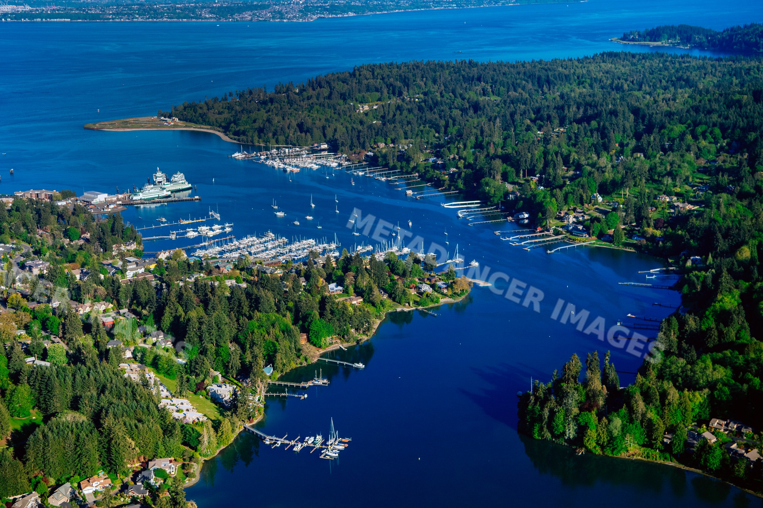 Aerial view of Bainbridge Island Eagle Harbor marina with boats