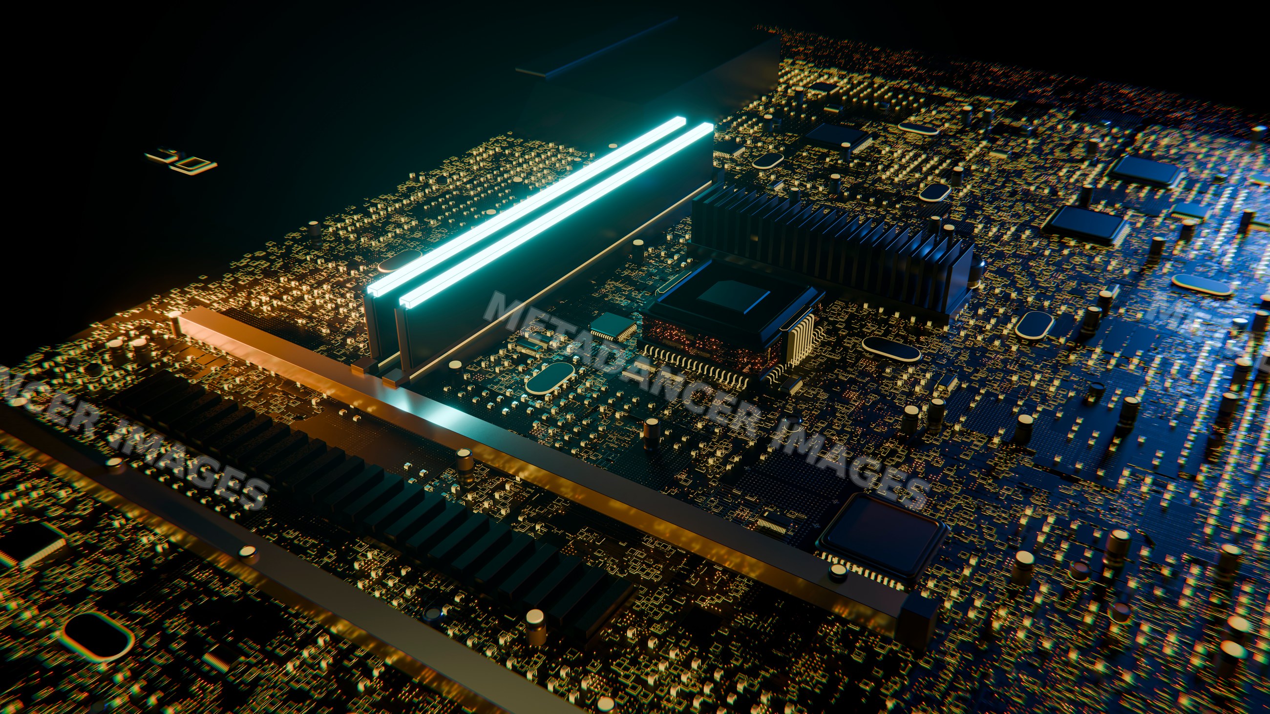 Computer circuit board with microchip and ram modules illustration