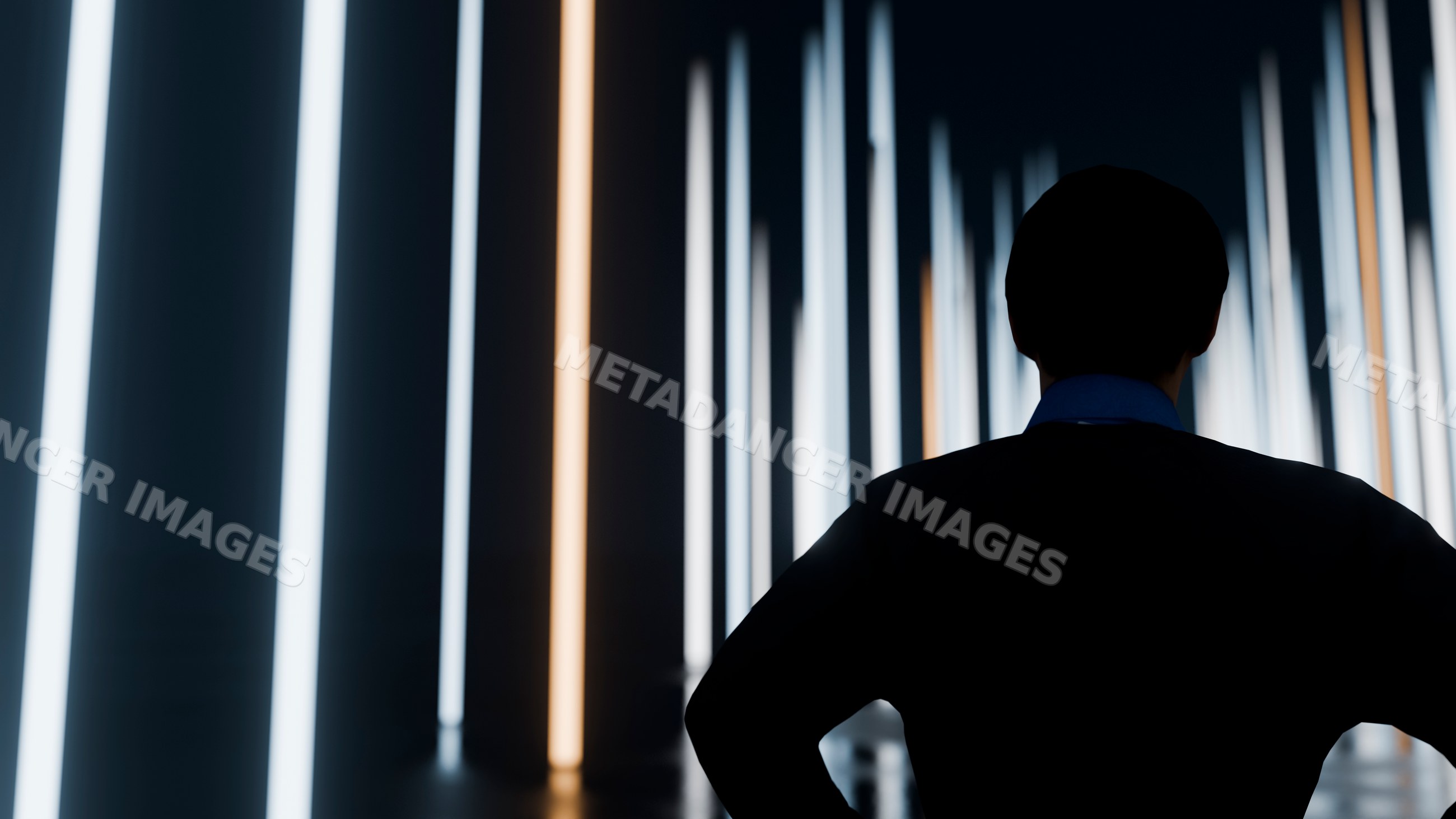 Silhouette of man standing amid vertical light pillars in dark room