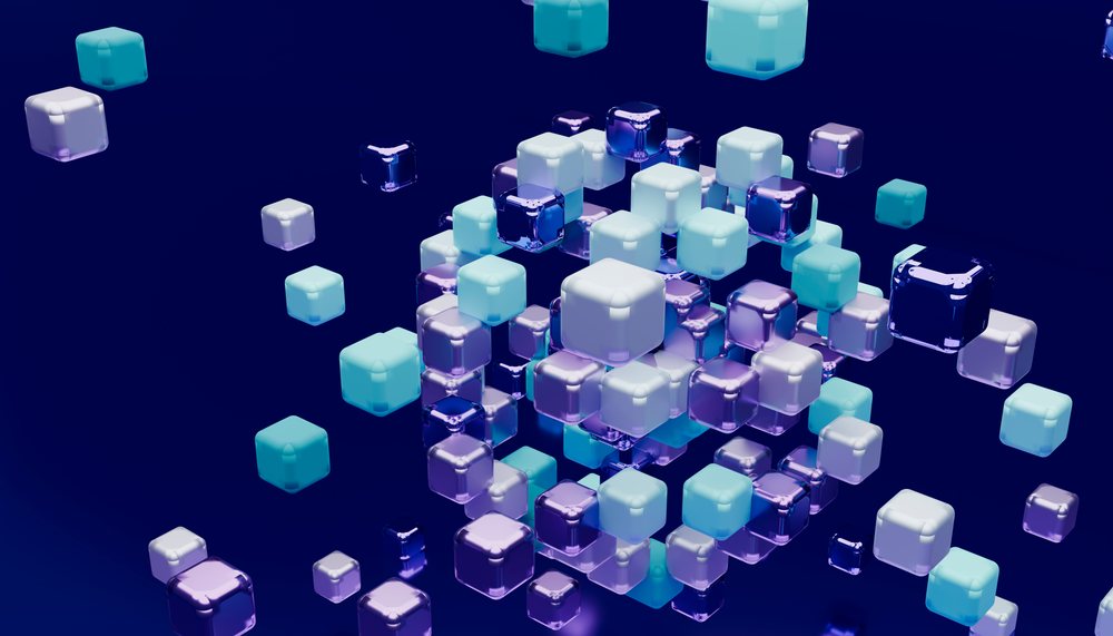3d digital illustration of floating blue and purple cubes on dark