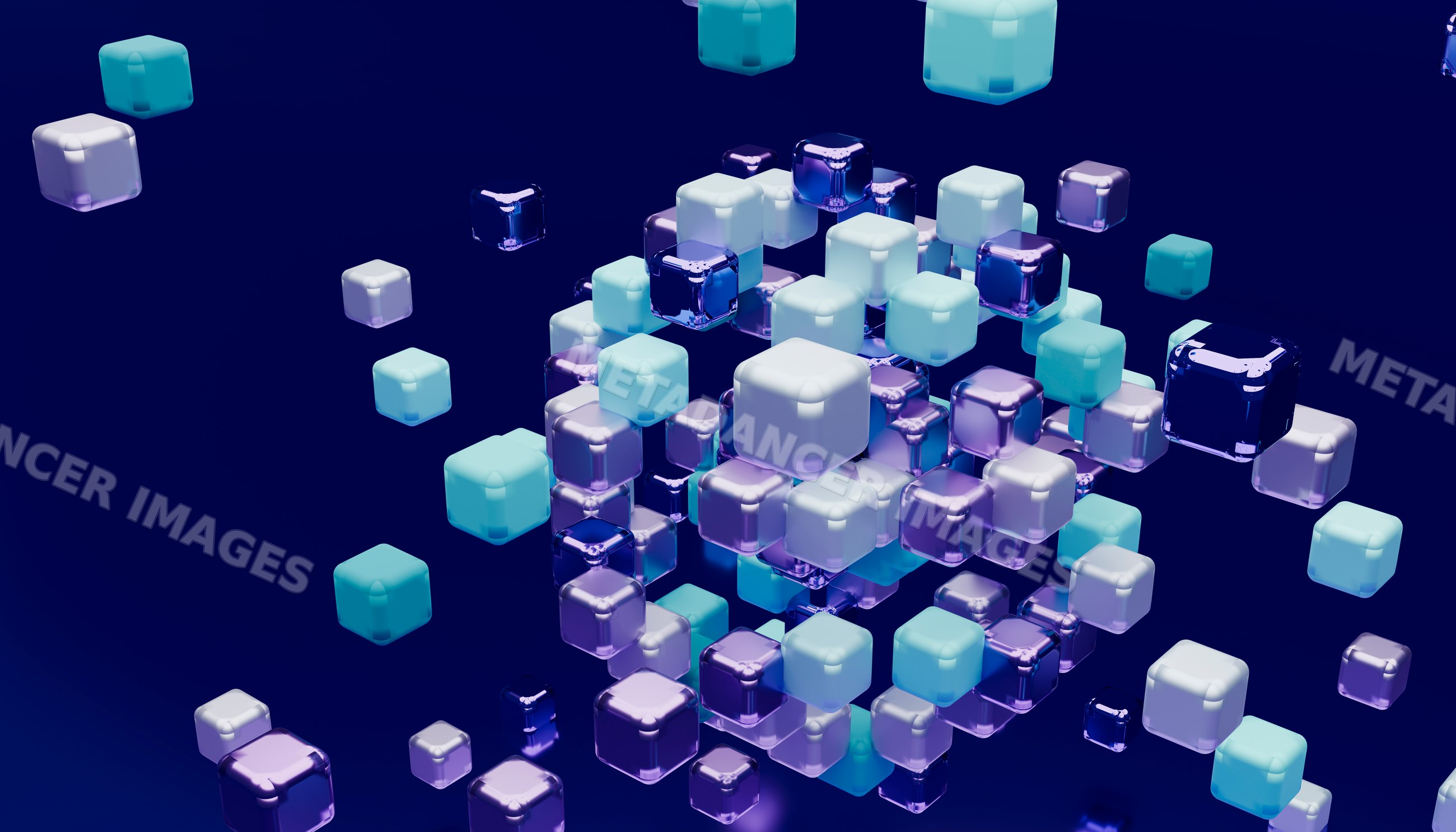 3d digital illustration of floating blue and purple cubes on dark