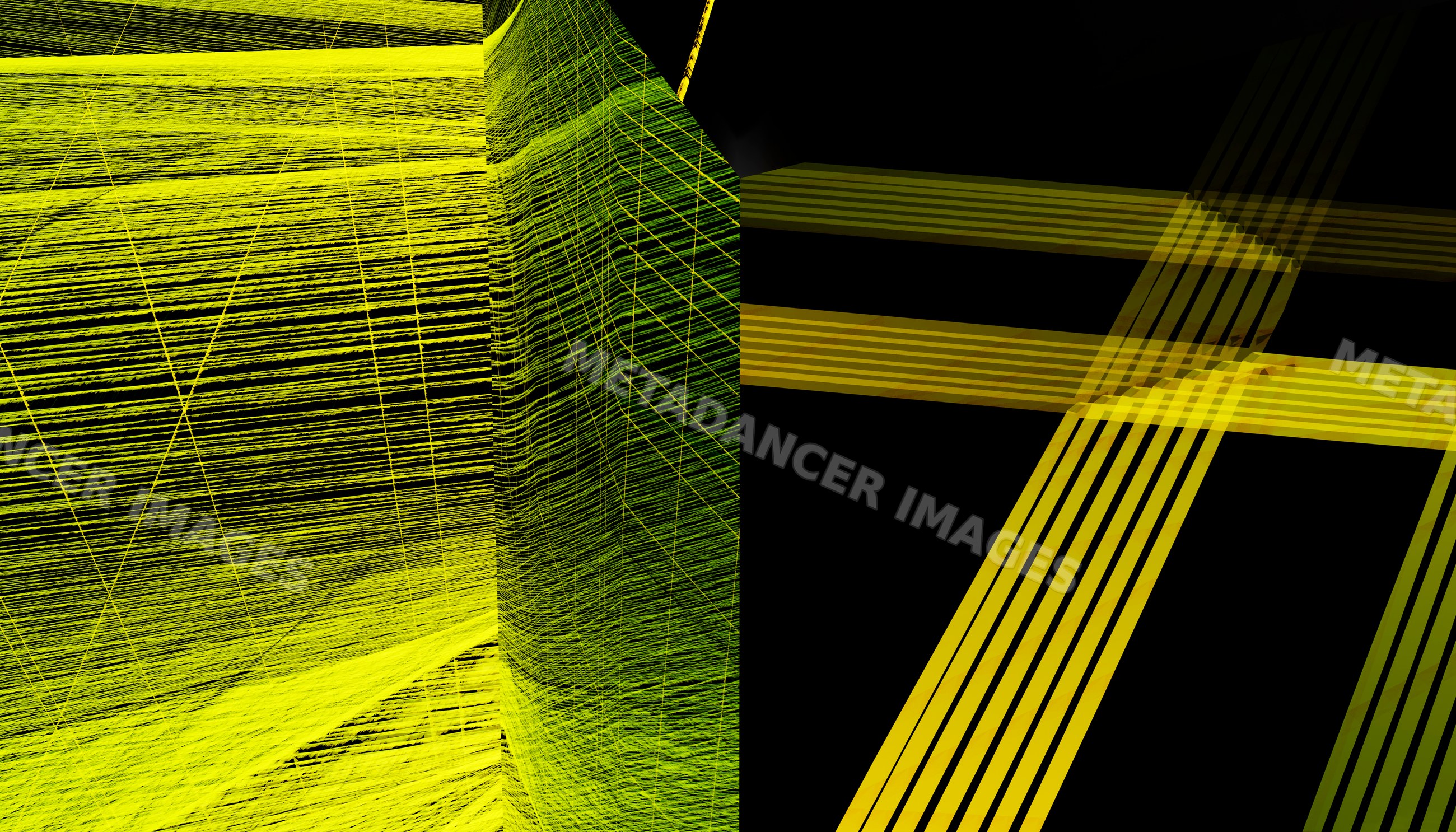 Bright yellow abstract lines form geometric patterns on dark