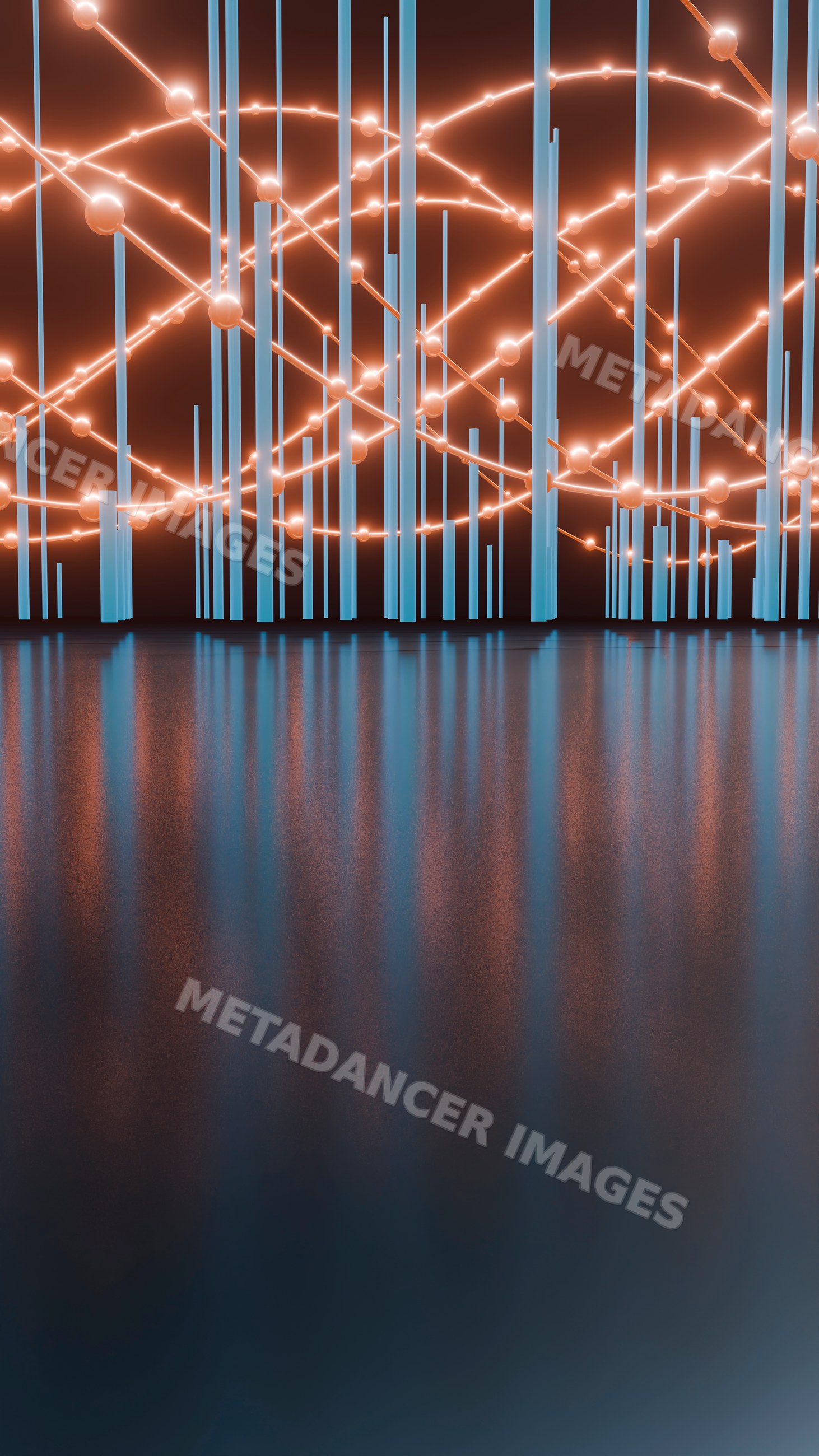 Abstract digital illustration of blue bars with glowing orange spheres