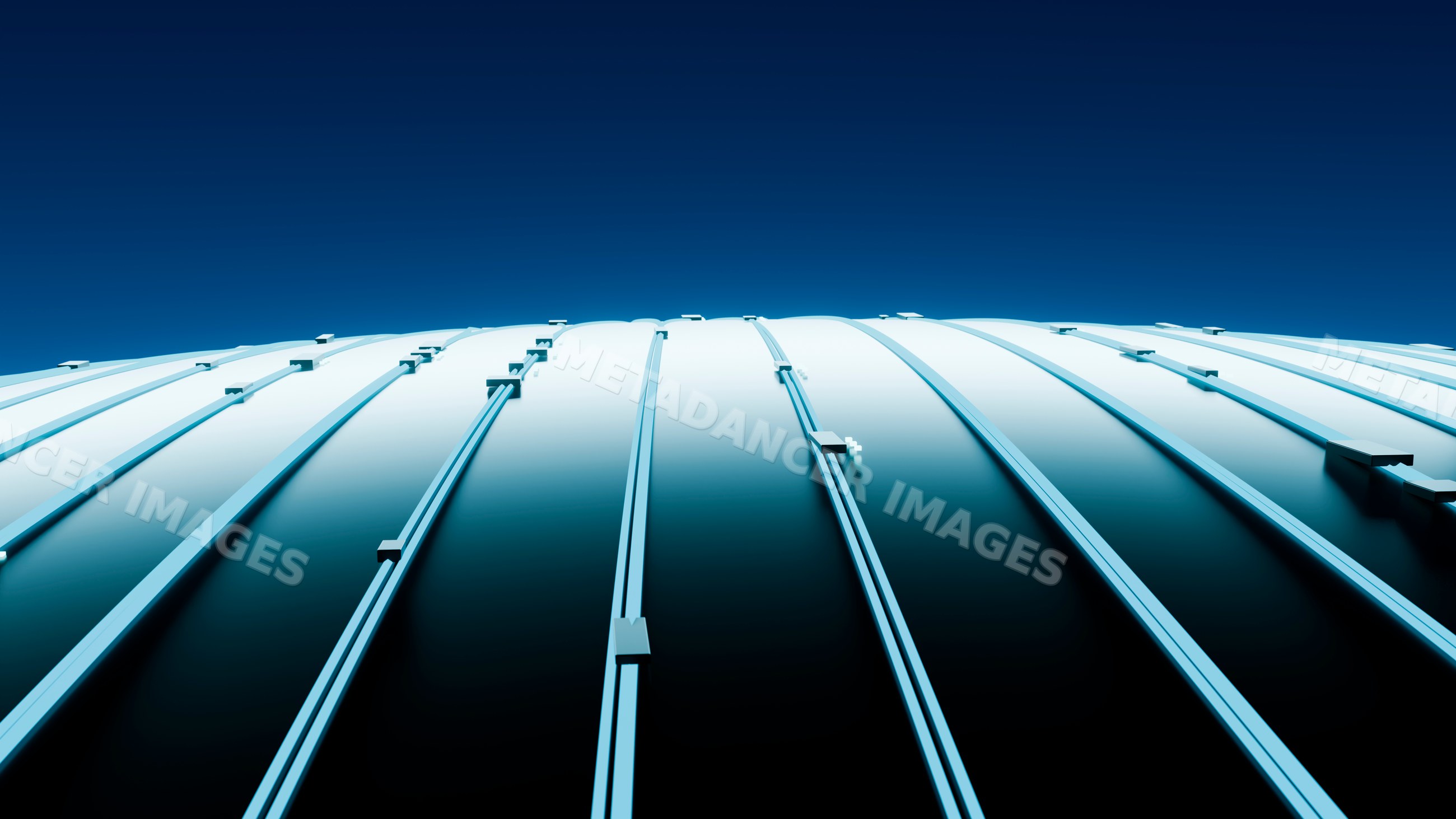 Curved metal roof structure with steel beams under blue sky