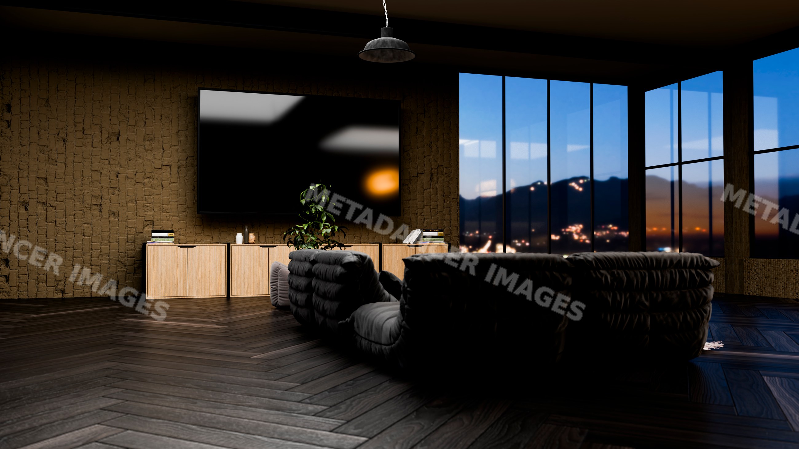 Modern living room with mountain sunset view and black sectional sofa