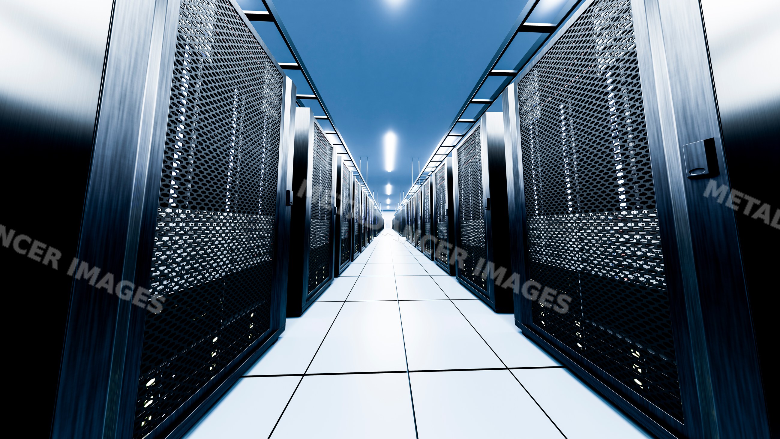 Long aisle of server racks in modern data center