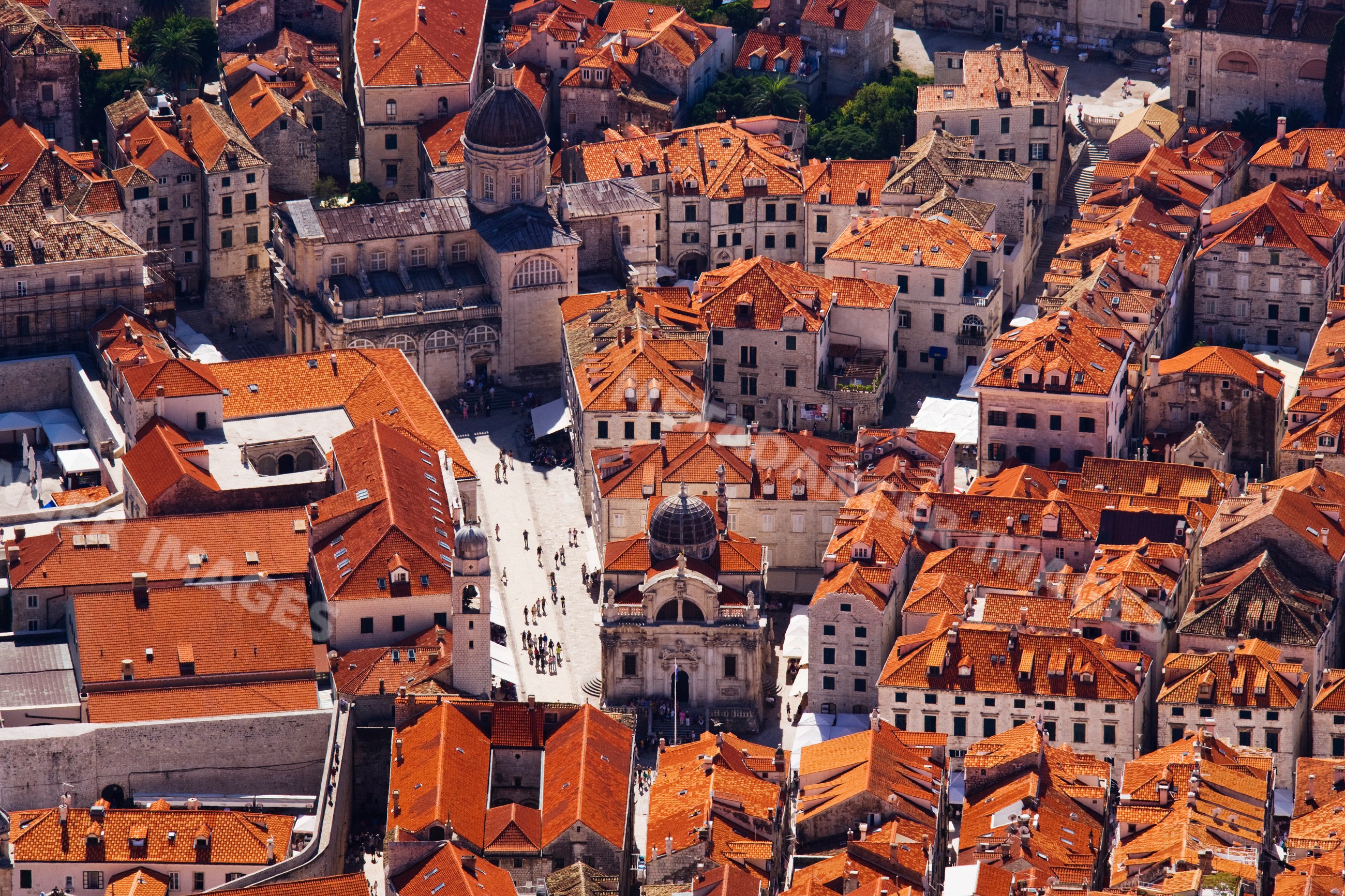 Aerial view of historic old city of dubrovnik with red tile roofs