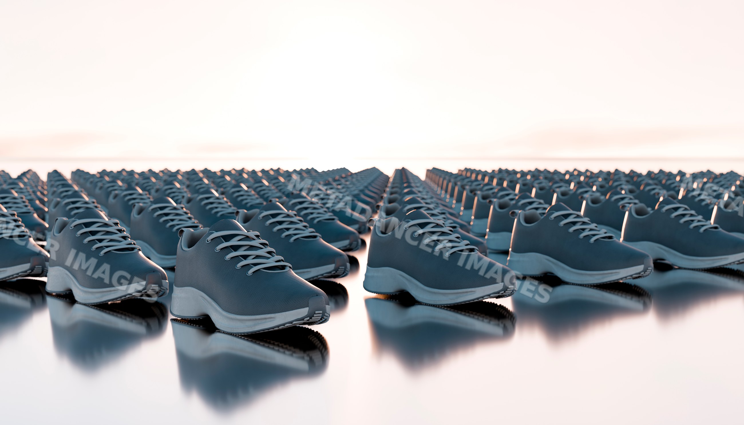 Rows of blue sneakers with white soles on a reflective surface