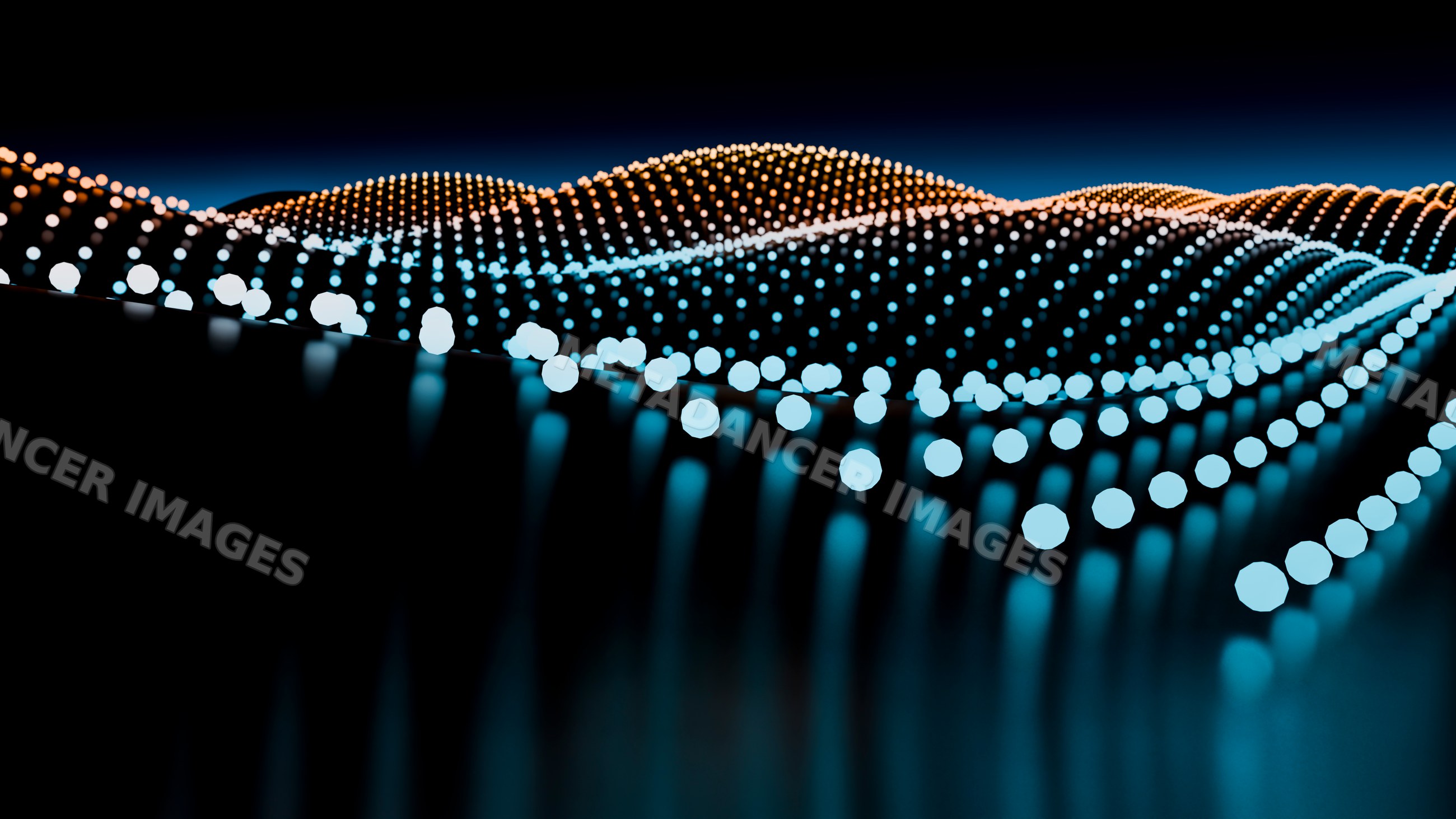 Digital abstract wave of glowing orange and blue light dots