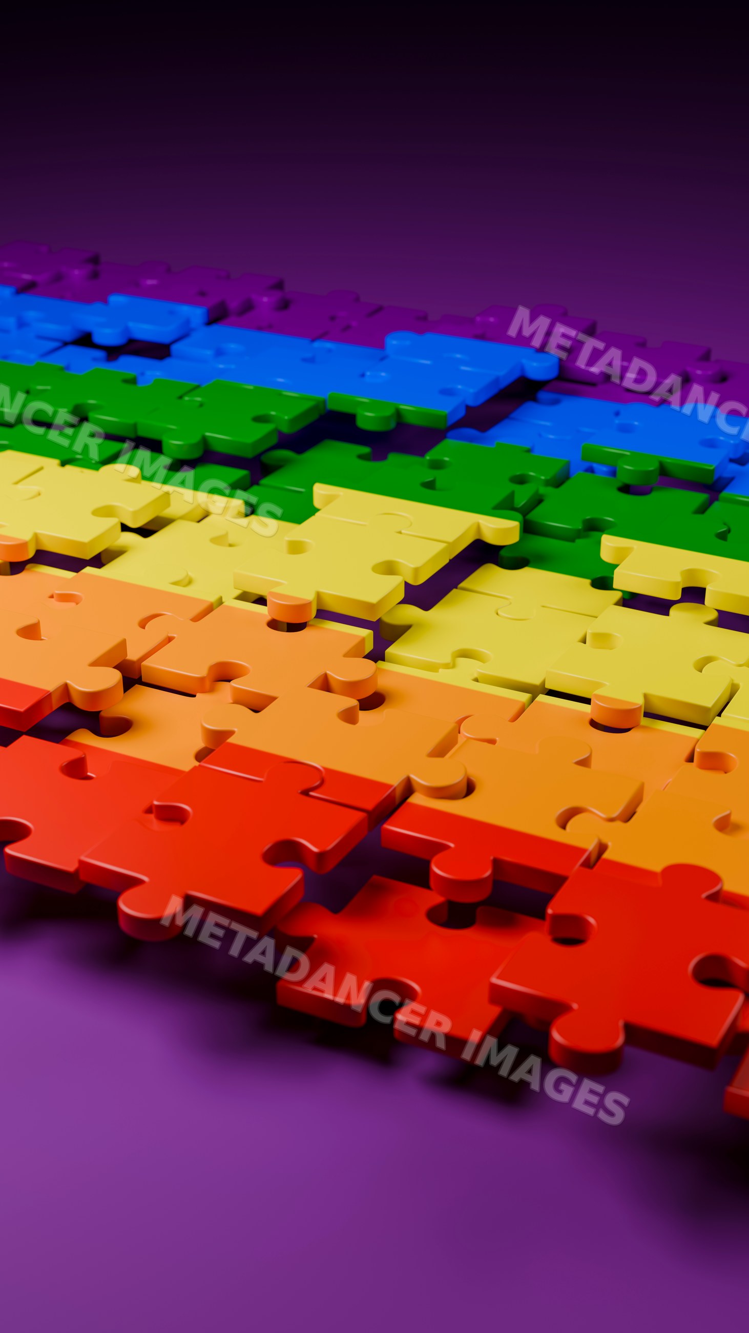 Multicolor jigsaw puzzle pieces on purple background illustration
