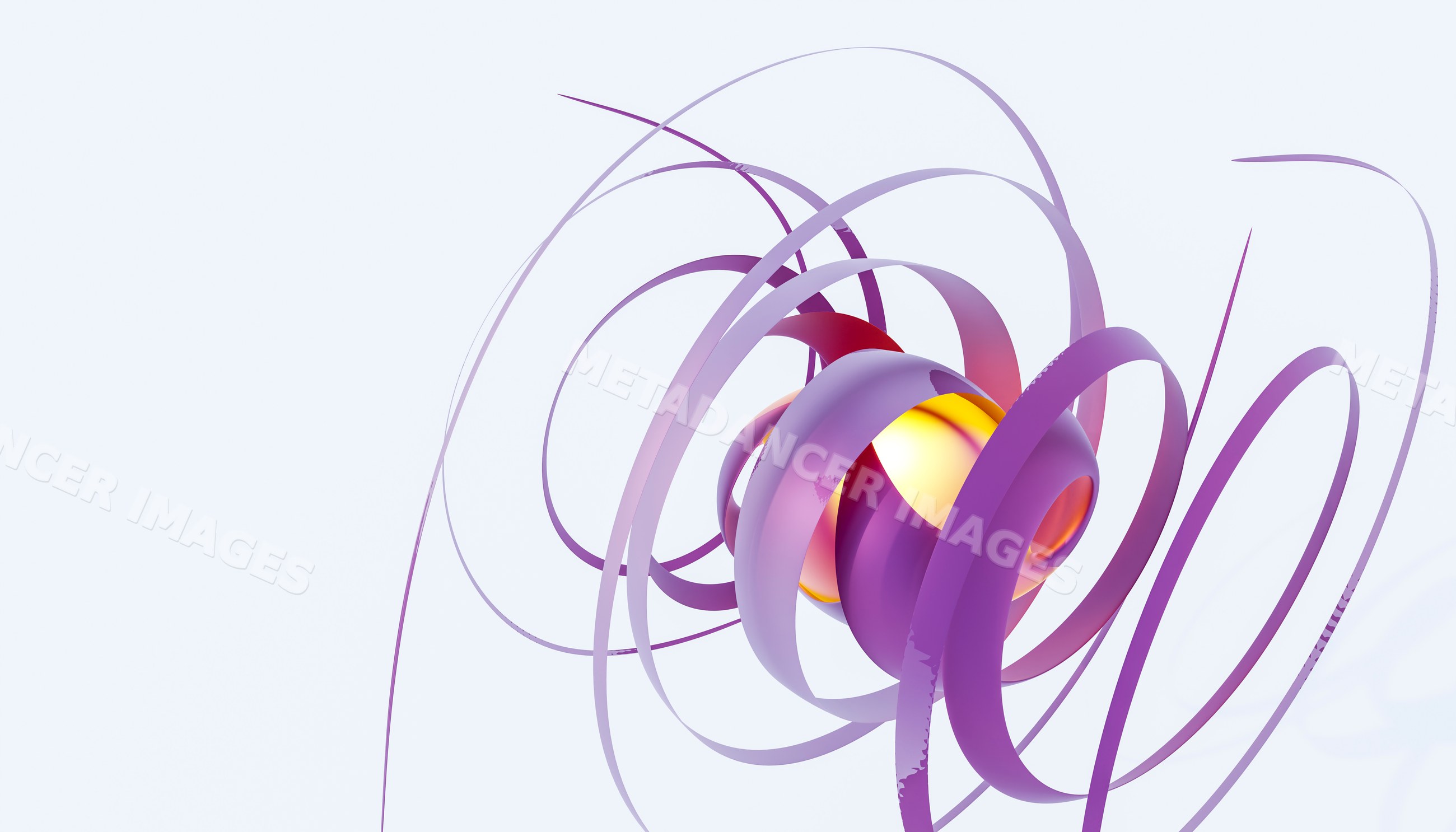 A digital 3d rendering of a glossy purple sphere with flowing ribbons