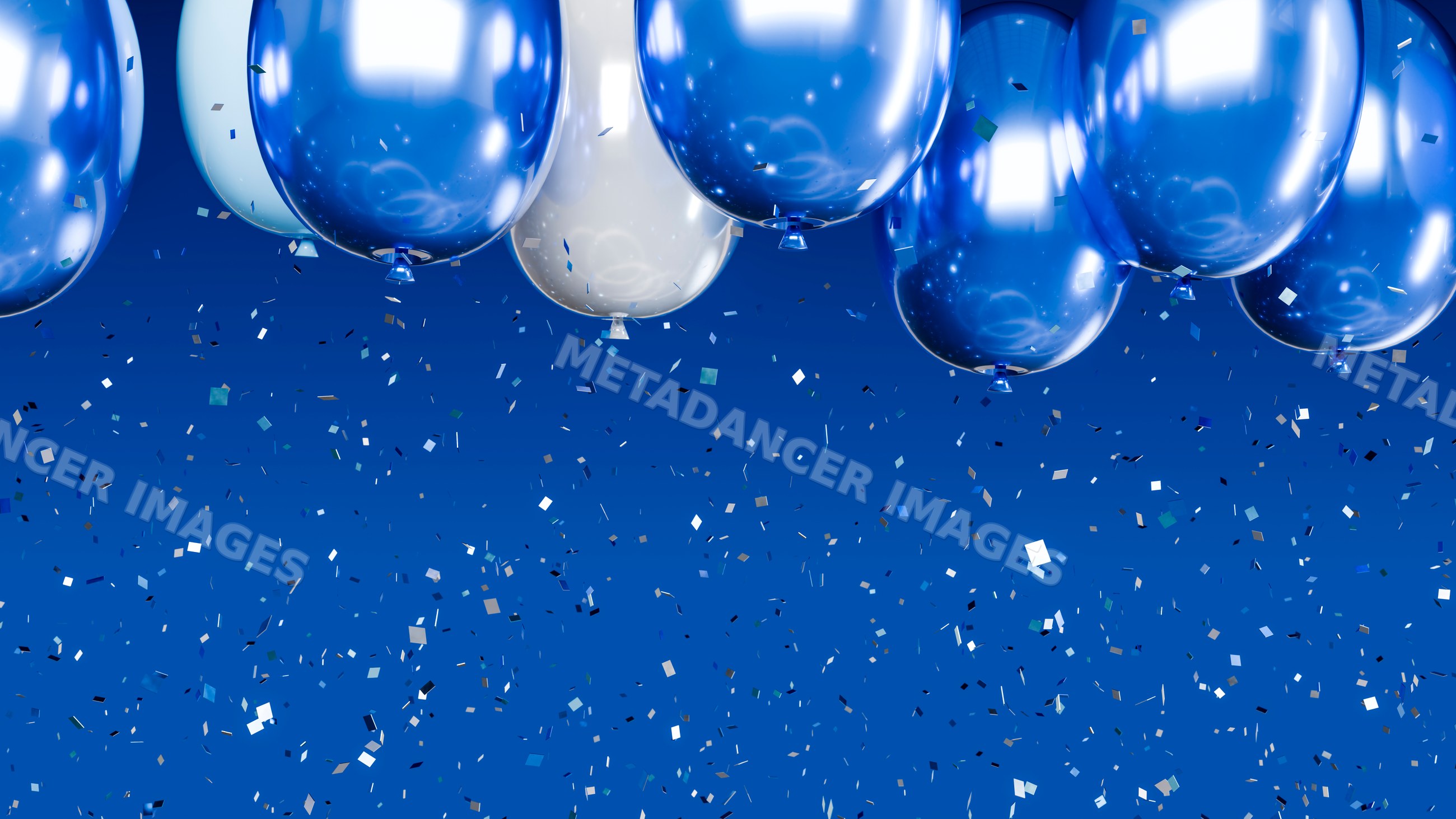 Blue and white balloons with falling festive confetti