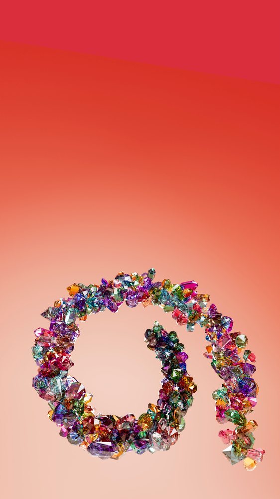 Colorful faceted gemstones arranged in spiral pattern illustration