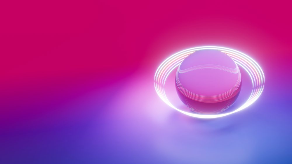 Glowing purple sphere with neon light ring on colorful gradient