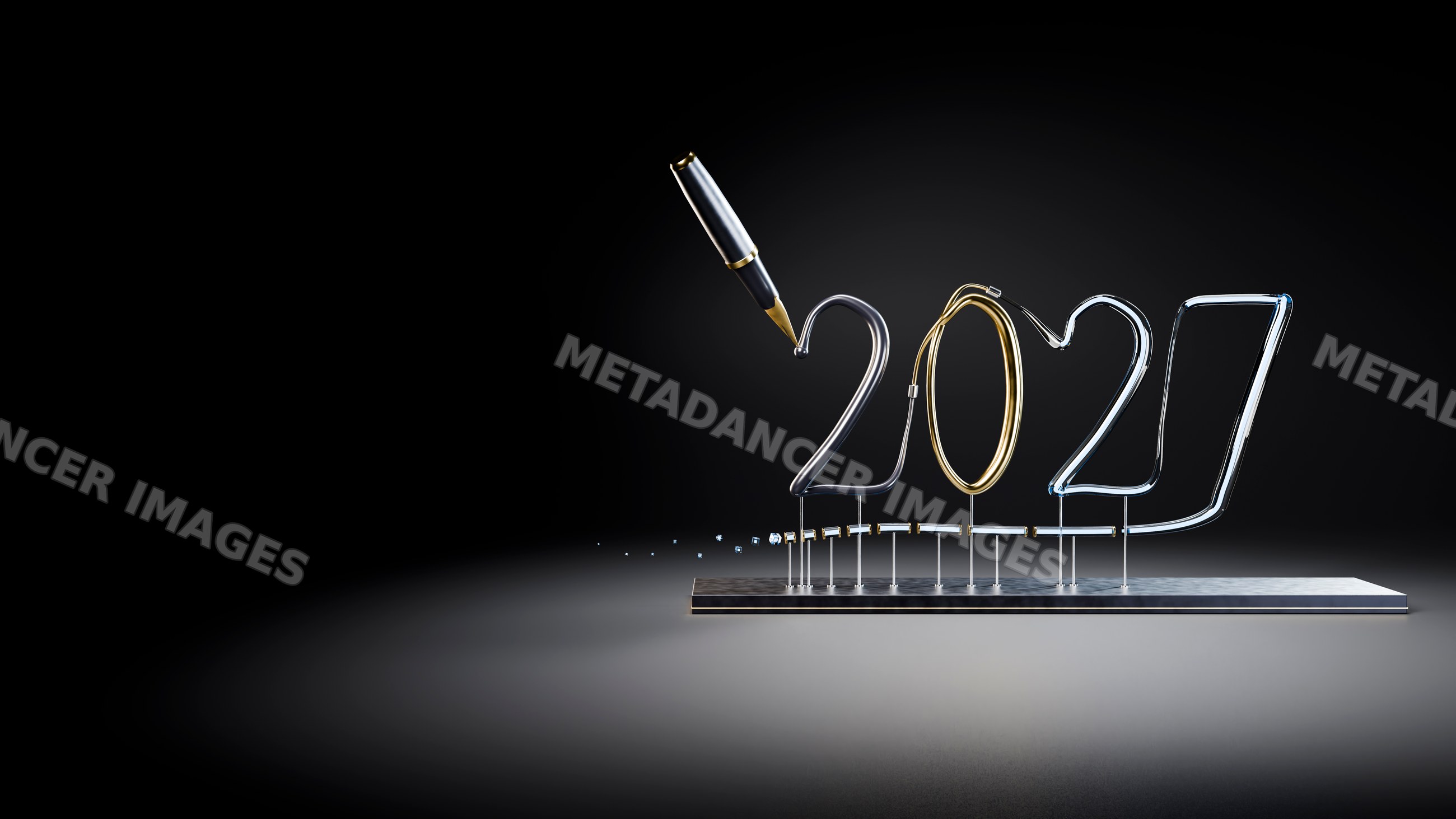 Metallic sculpture of 2027 being written by fountain pen