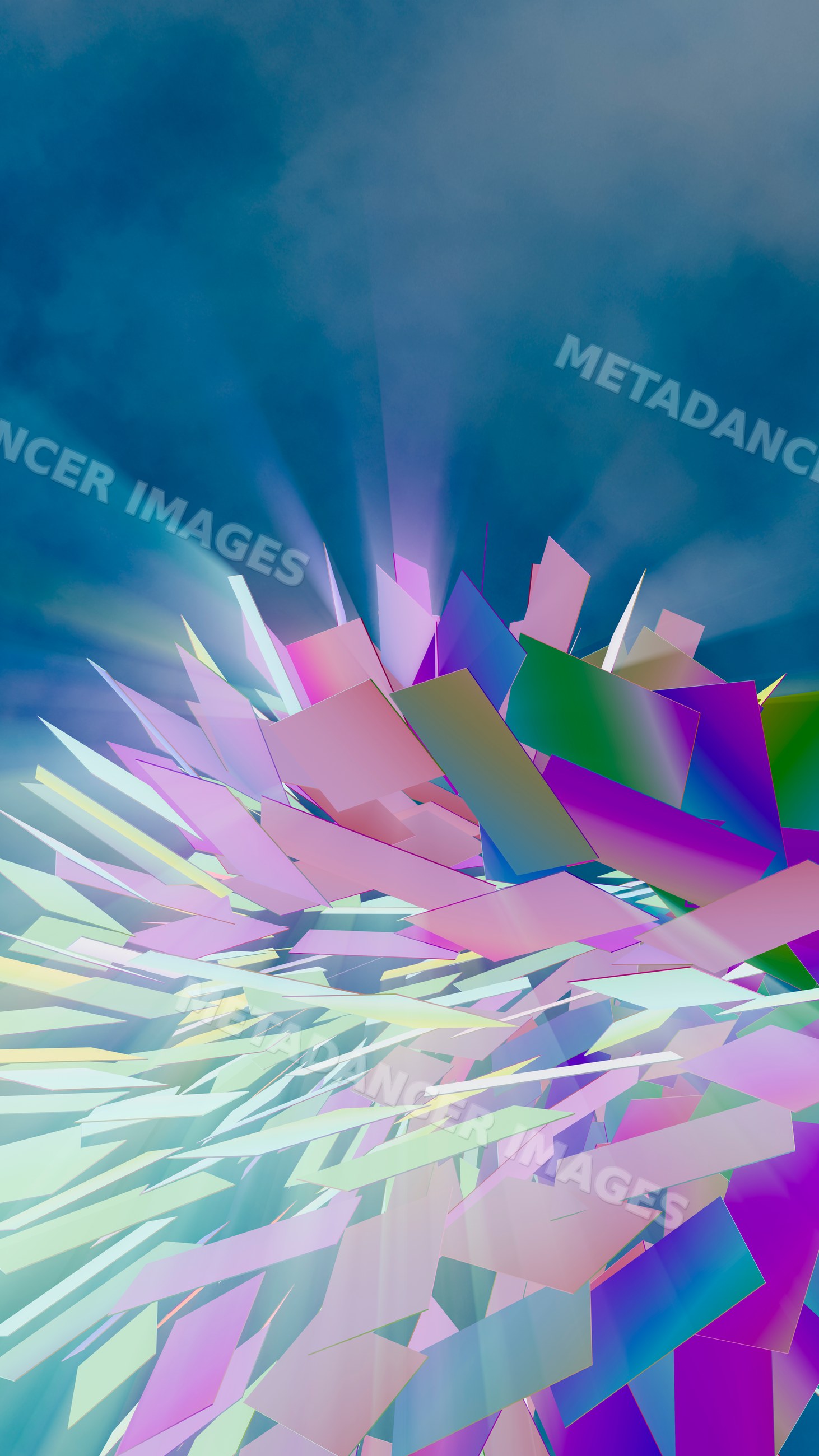 Colorful abstract digital 3d art with geometric shapes and light rays