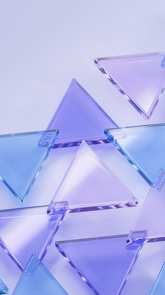 Transparent blue and purple glass triangles in 3d illustration