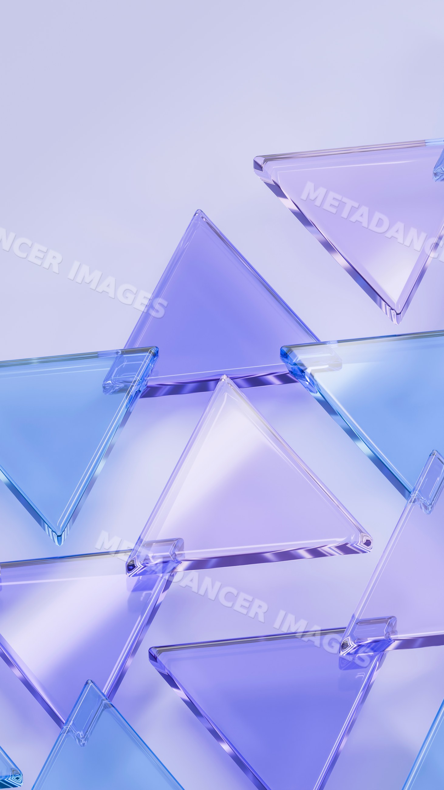 Transparent blue and purple glass triangles in 3d illustration