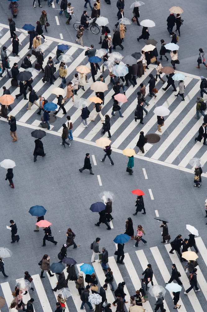 Aerial view of pedestrians crossing shibuya crossing, japan