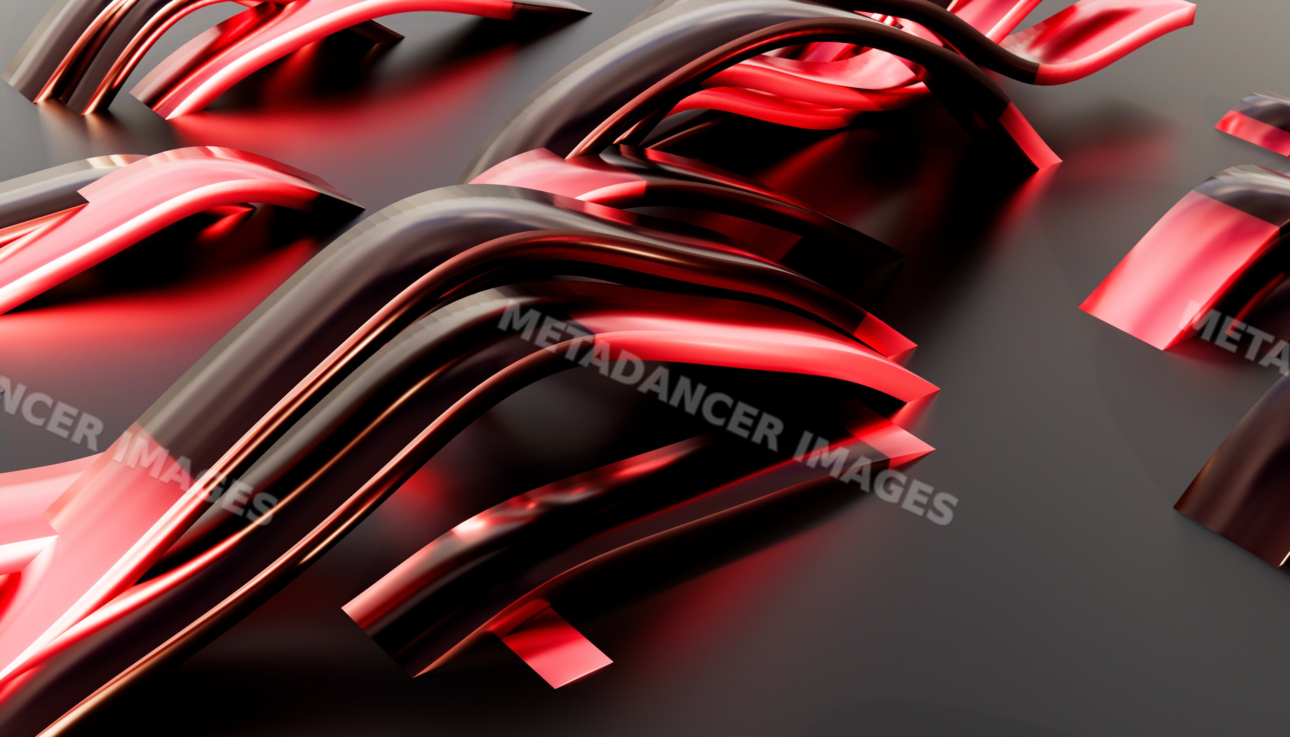 Close-up of curved shiny metal shapes reflecting red and black colors