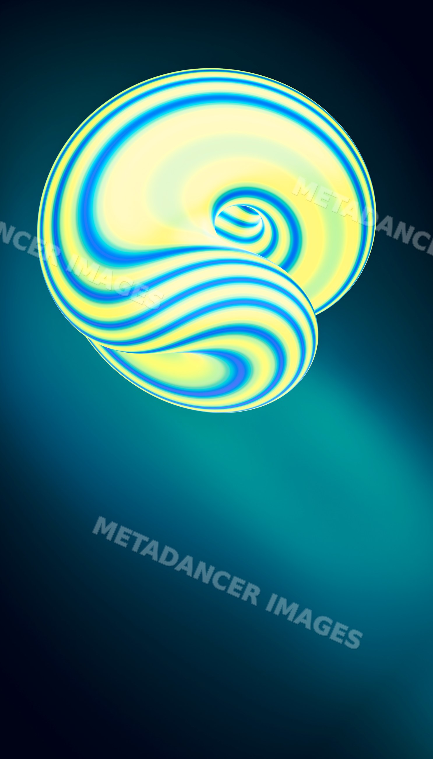 A vibrant abstract spiral shape with blue and yellow striped pattern