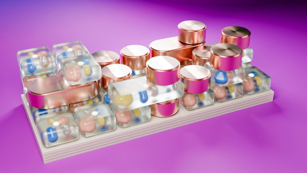 3d keyboard with transparent capsule keys on pink background