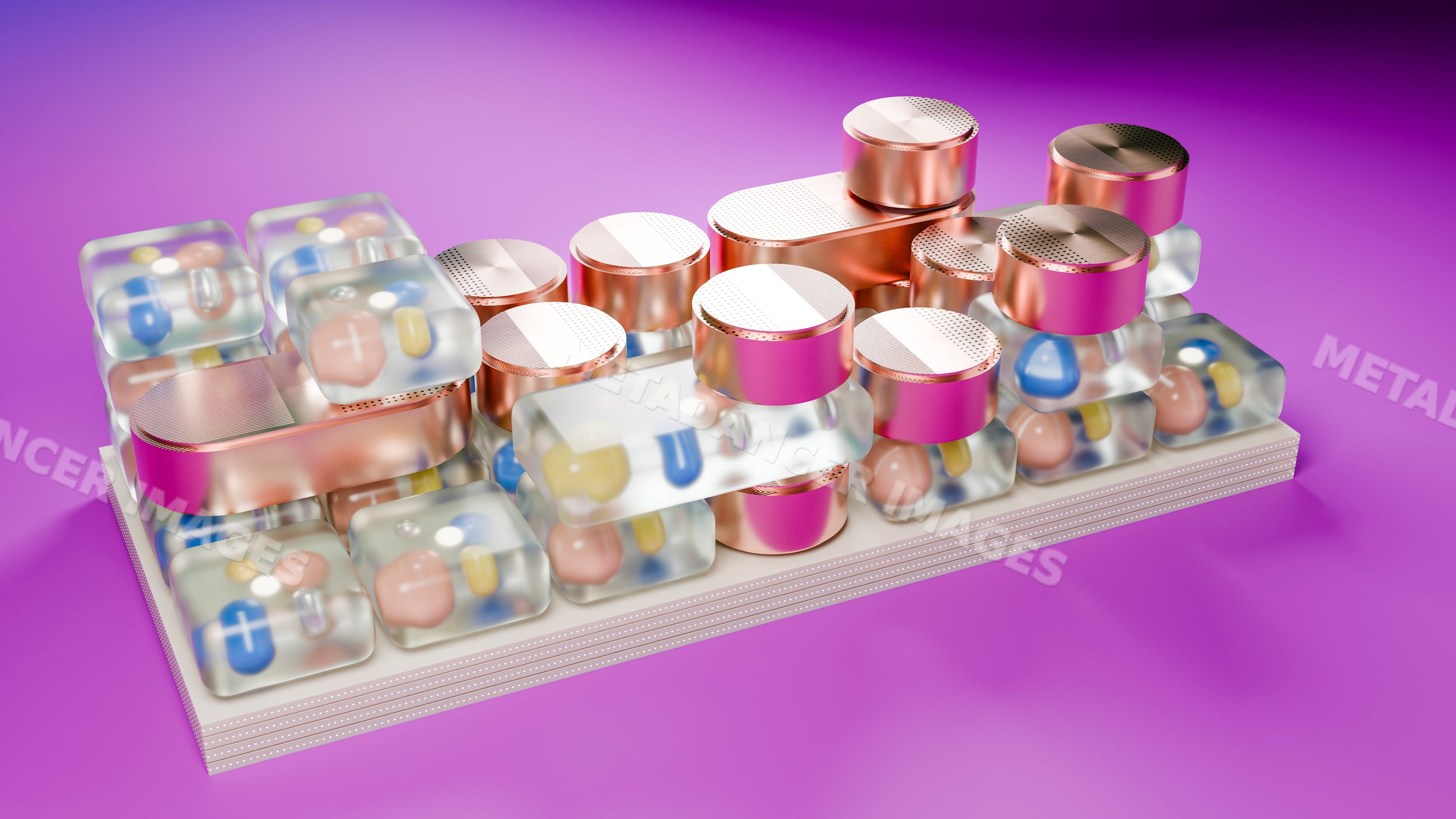 3d keyboard with transparent capsule keys on pink background