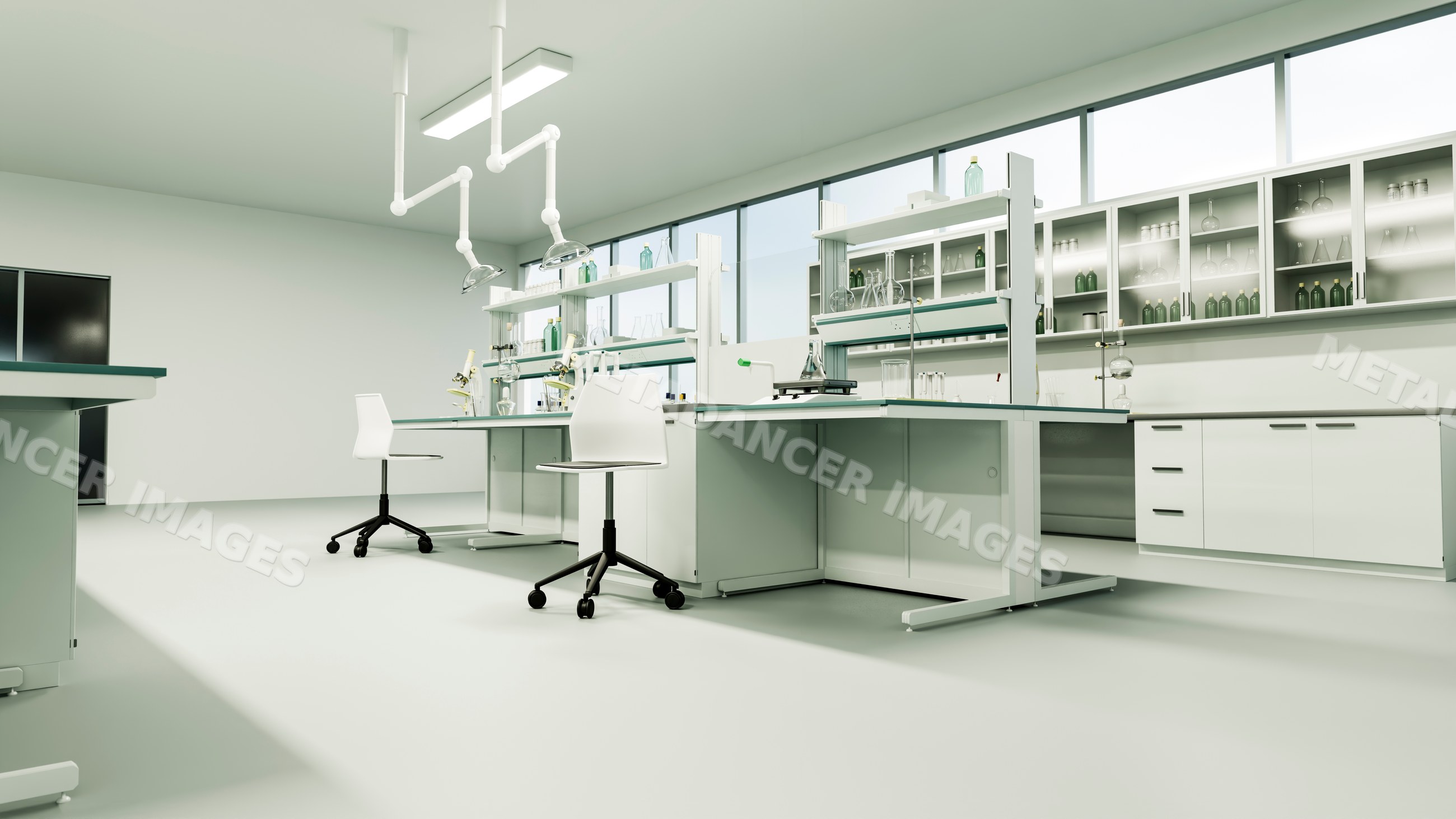 Modern laboratory workspace with scientific equipment and microscopes