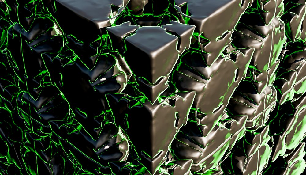 Stacked Black cubes with green glowing edges