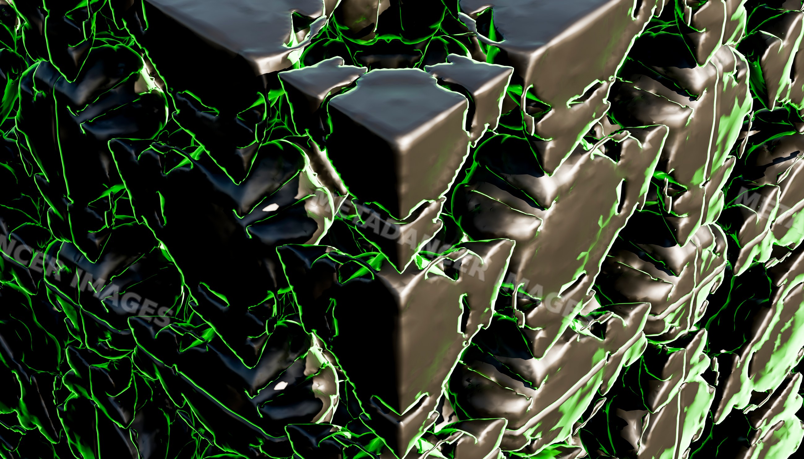 Stacked Black cubes with green glowing edges
