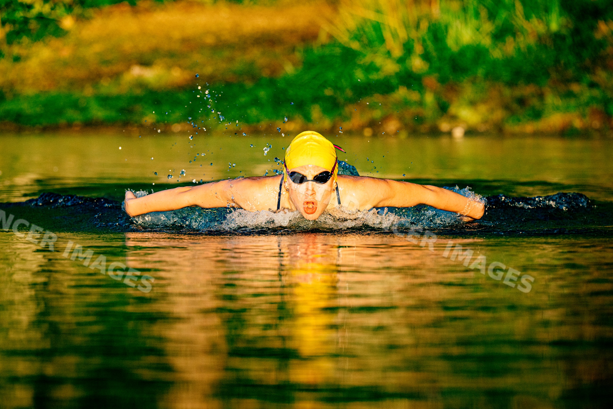 White swimmer performing butterfly stroke in open water at sunset